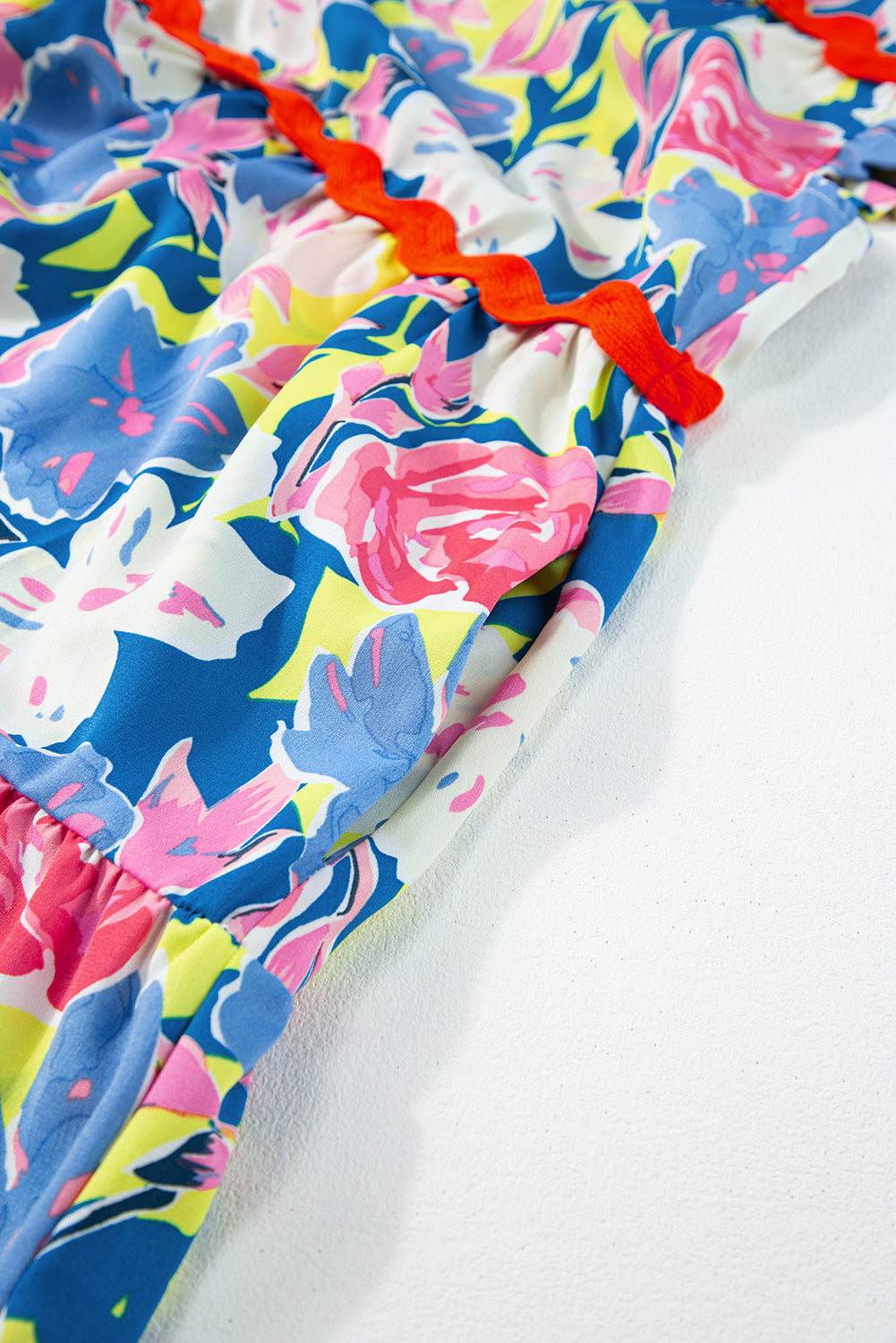 Pink Floral Printed V Notched Ric Rac Flutter Sleeve Dress