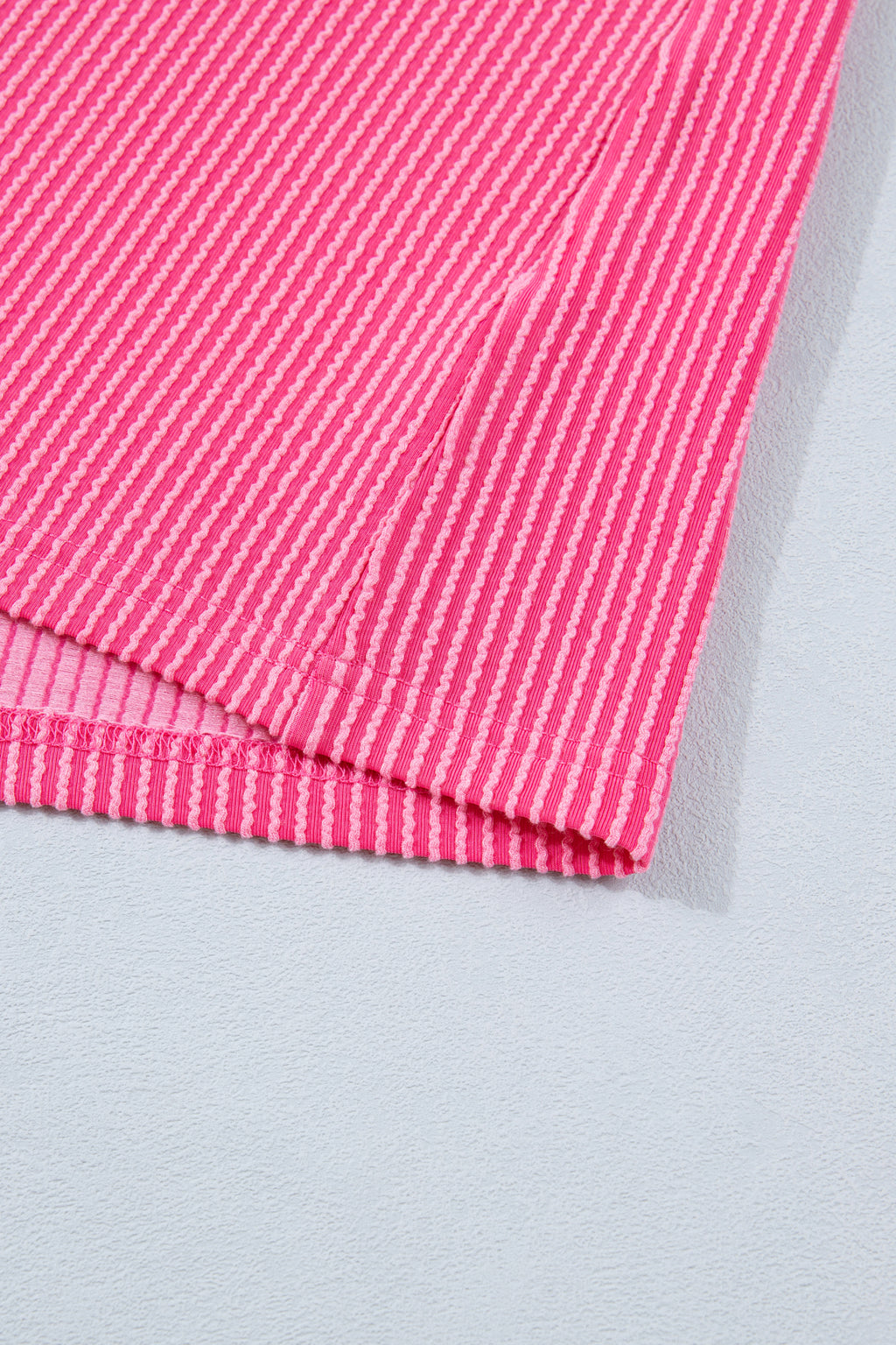 Bright Pink Twisted Ribbed Color Block Patchwork Henley Short Sleeve T Shirt