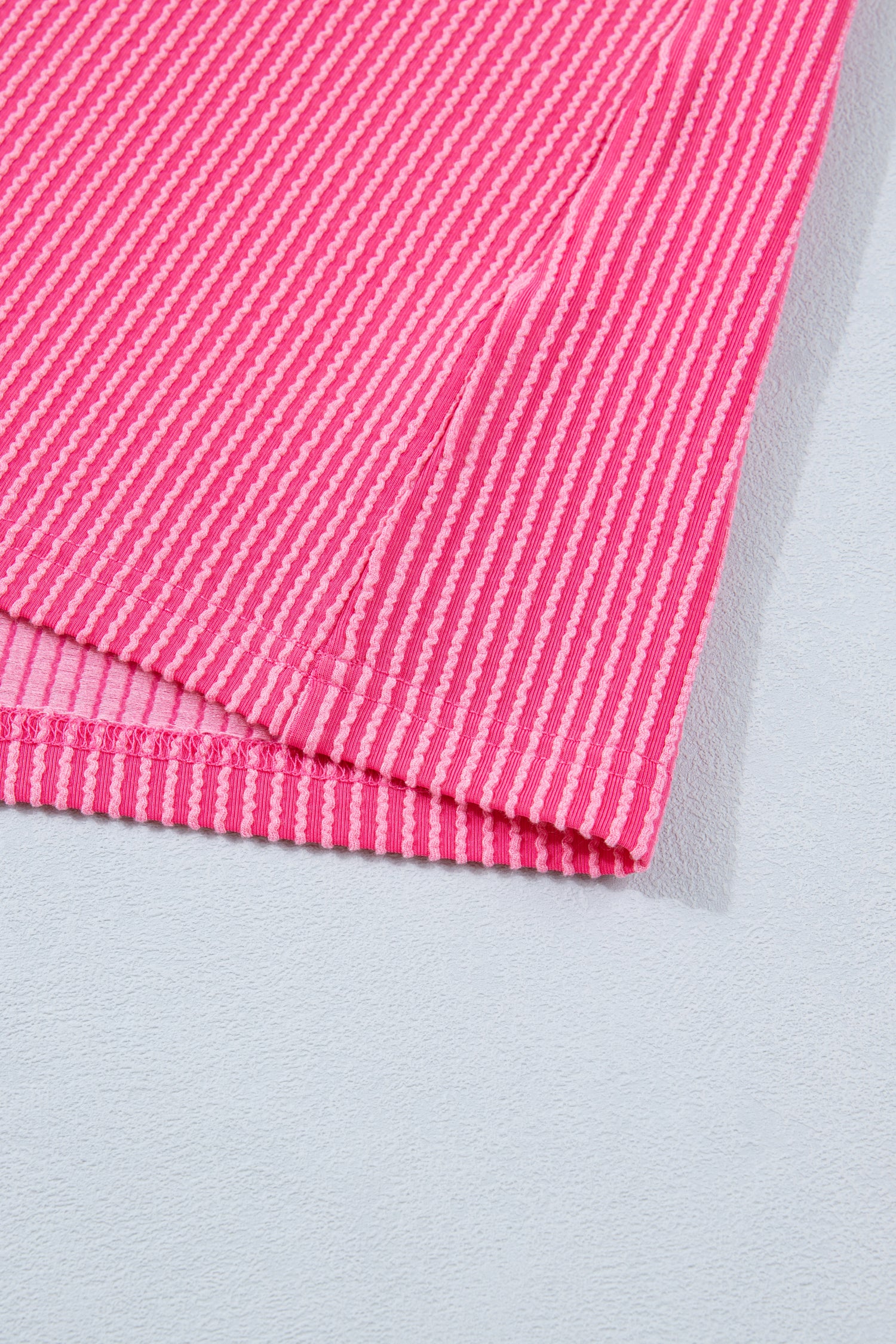 Bright Pink Twisted Ribbed Color Block Patchwork Henley Short Sleeve T Shirt