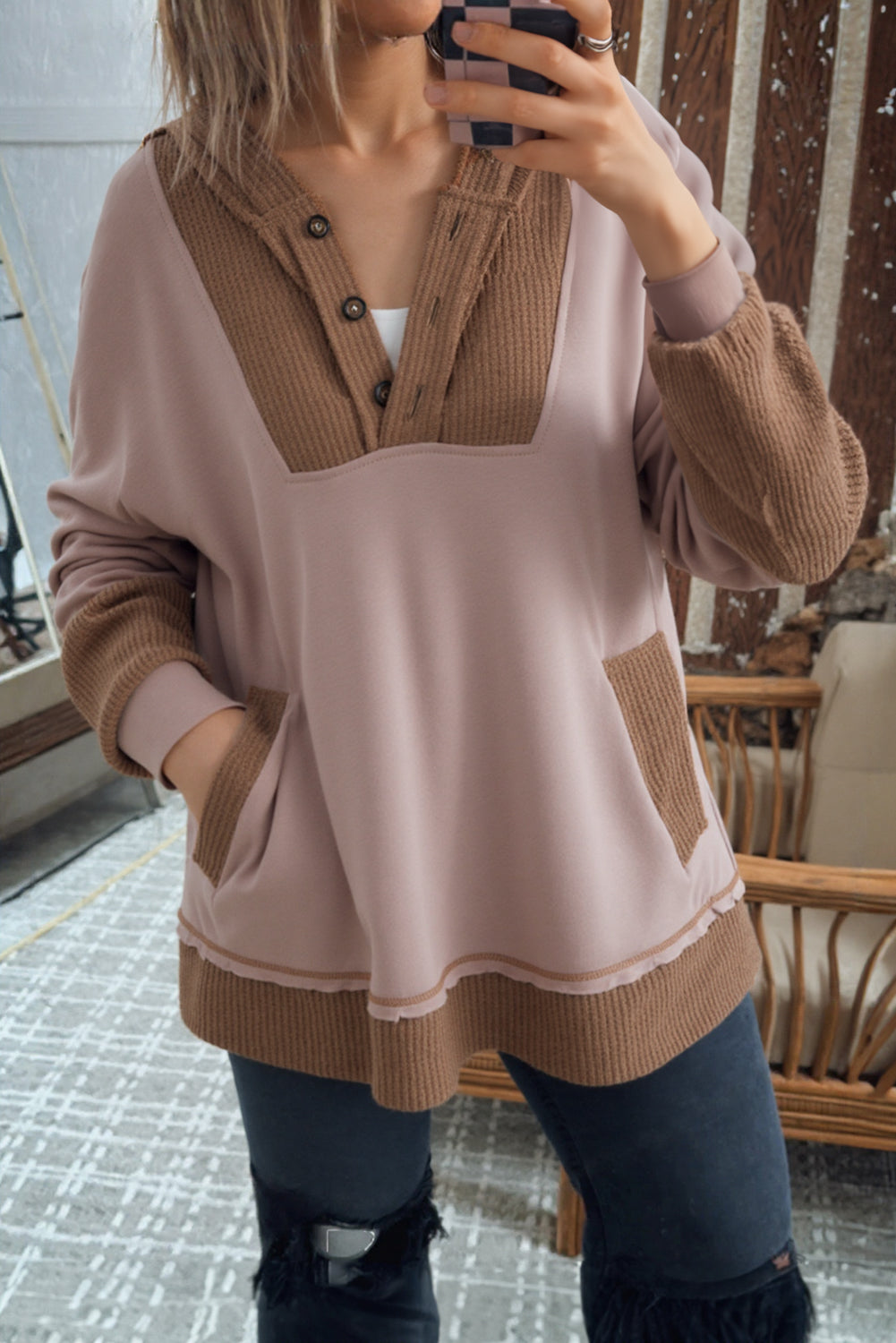 Goat Waffle Contrast Patchwork Plus Size Pocketed Hoodie