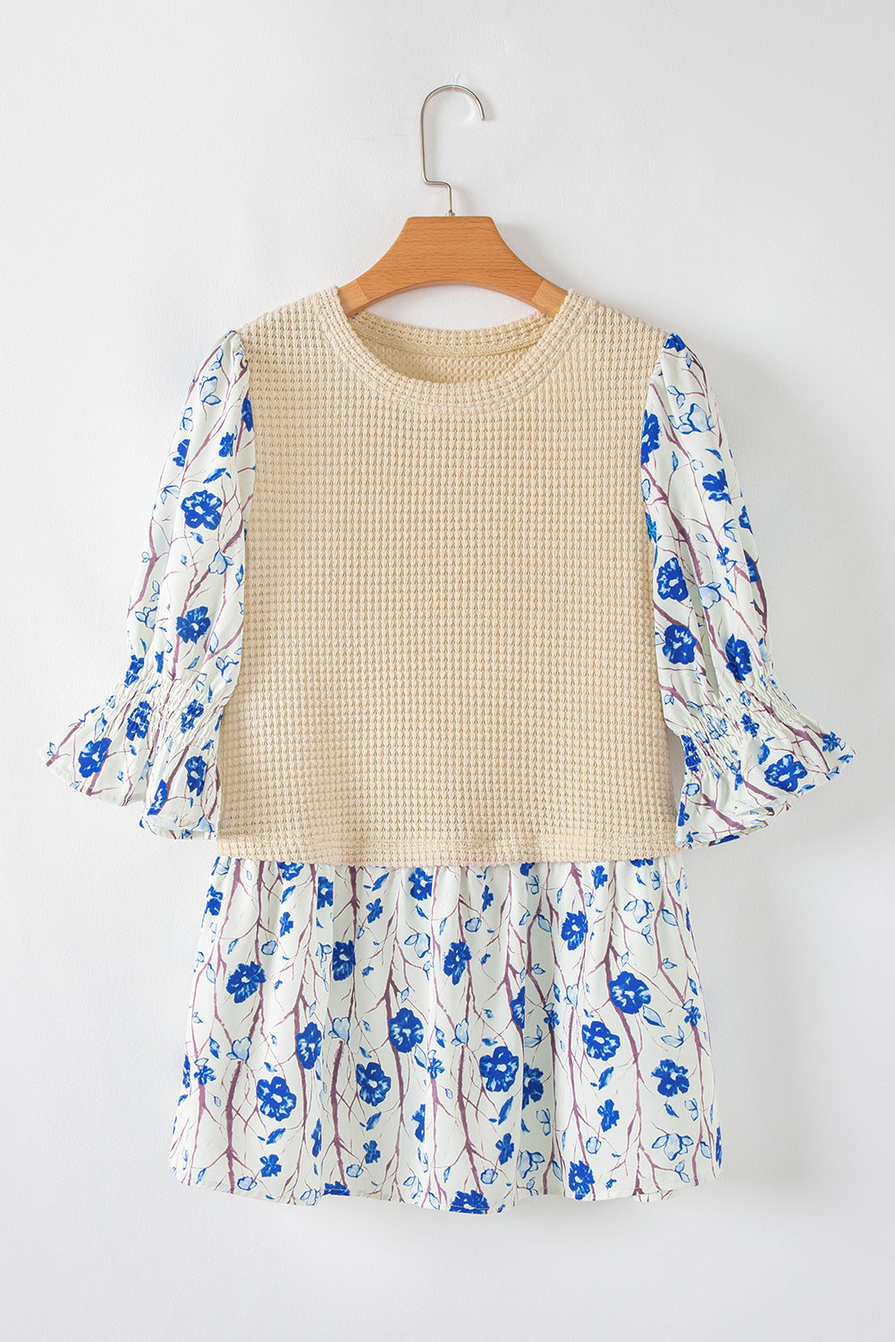 Beige Faux Two Piece Knit Patchwork Floral Print Plus Size Top