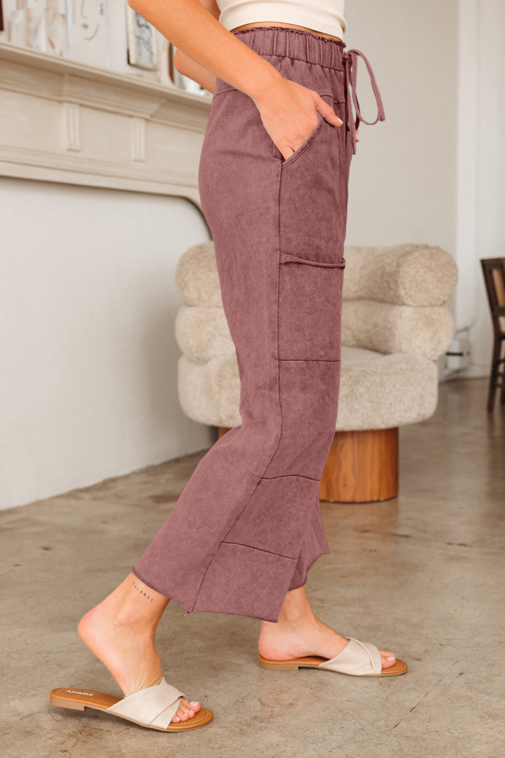 Lapis Mineral Wash Lace-up High Waist Raw Hem Patched Pocket Pants