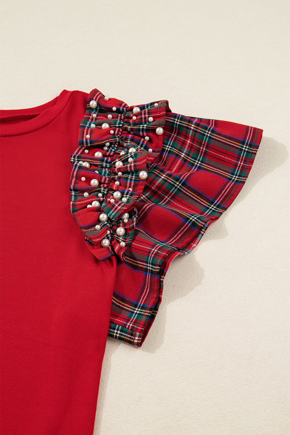 Red Festive Plaid Pearl Embellished Ruffle Short Sleeve Blouse
