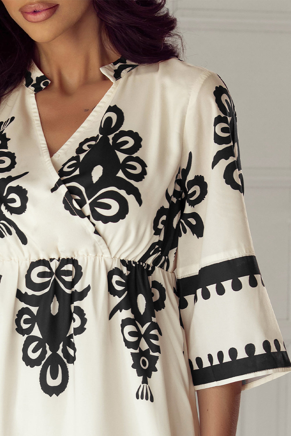 Orange Vintage Geometric Printed 3/4 Sleeve V Neck Blouse