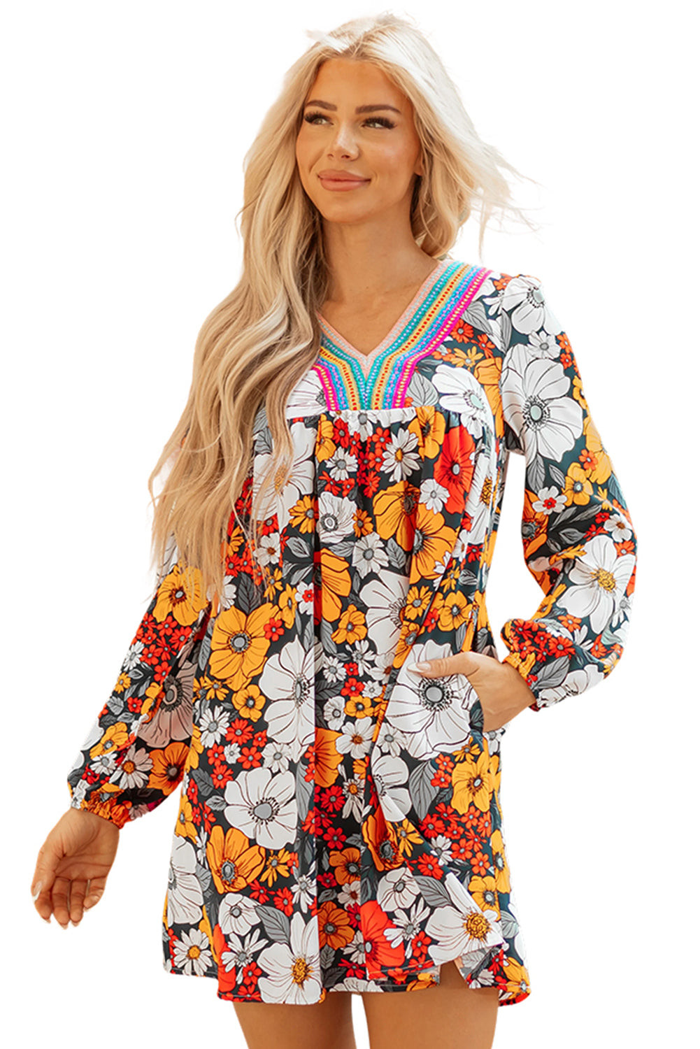 Multicolour Crochet V Neck Half Sleeve Boho Floral Blouse
