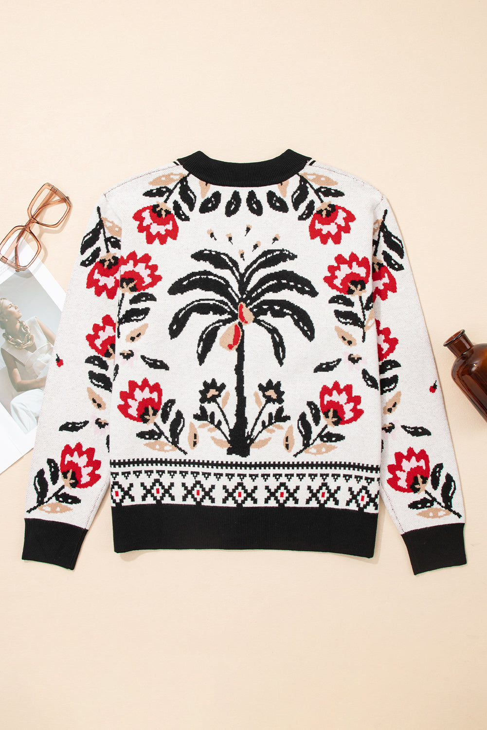 Black Floral Print Buttoned Front V Neck Knit Cardigan
