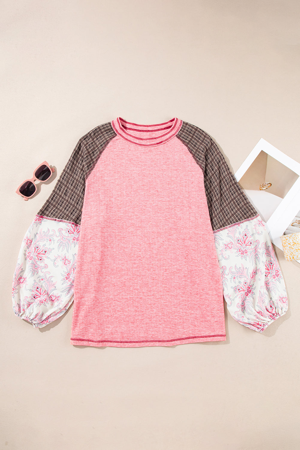 Fushia Mixed Print Raglan Sleeve Ribbed Knit Patchwork Blouse
