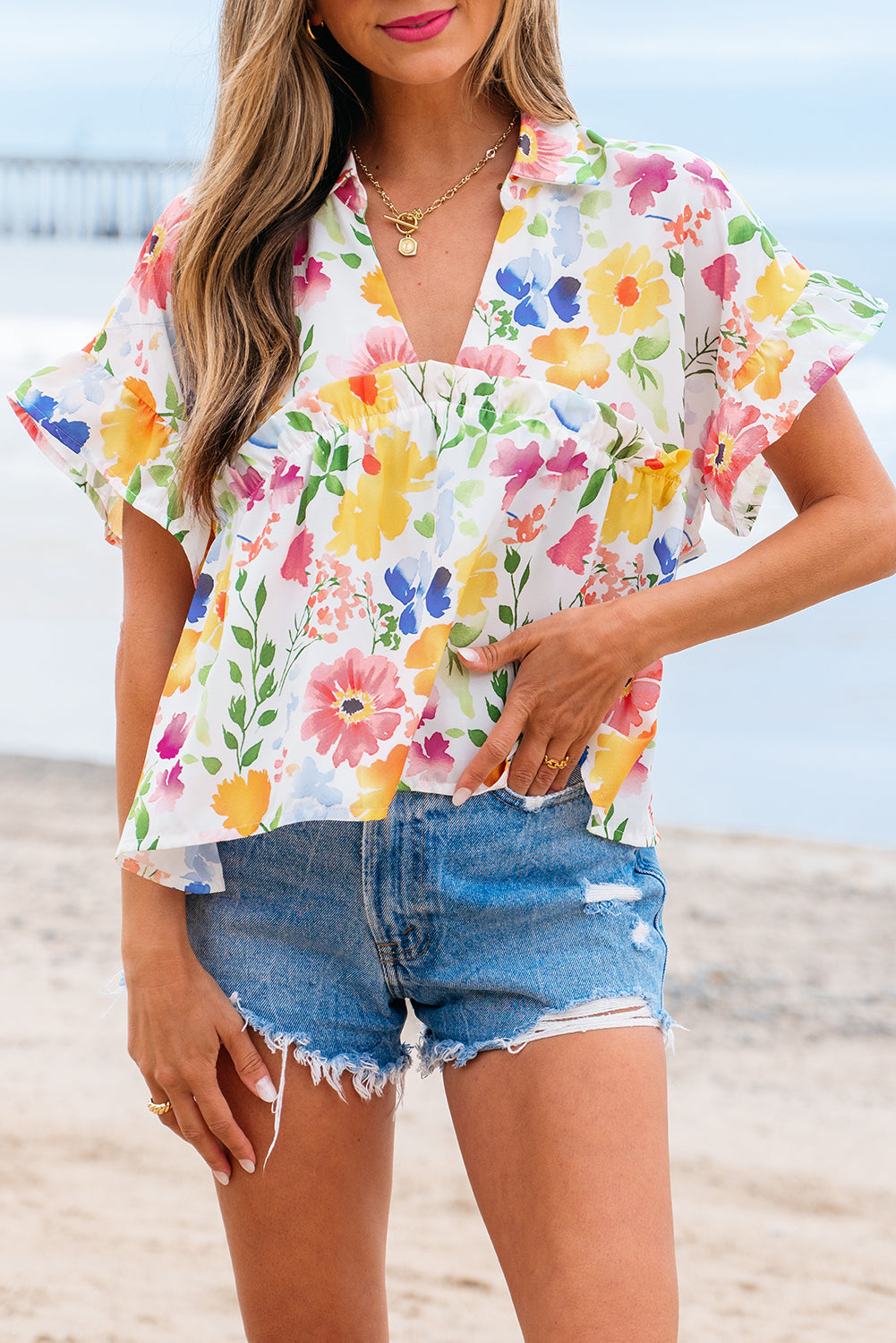 Pink Floral Boxy Fit Ruffled Short Sleeve V Neck Blouse