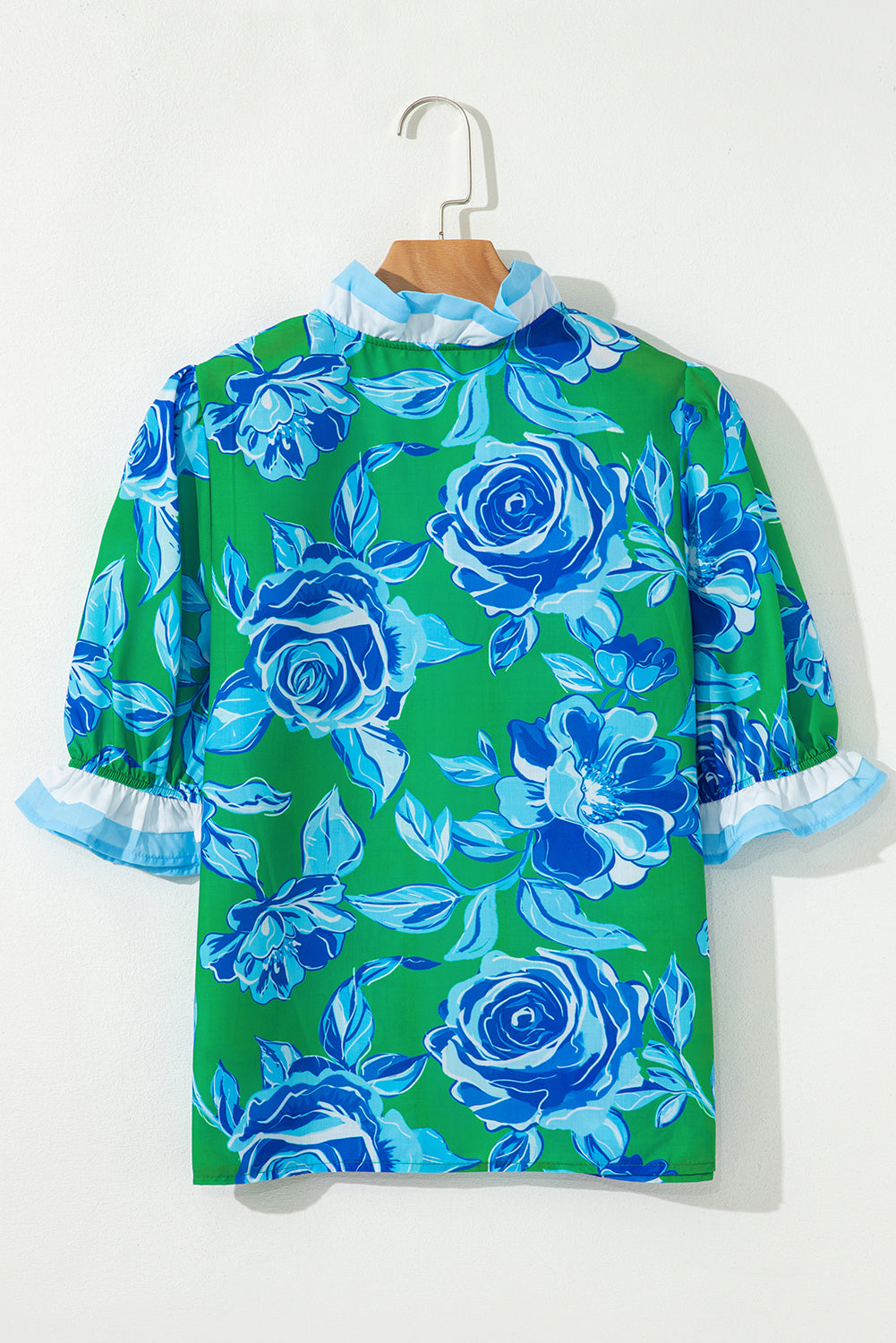 Rose Floral Frilled V Neck Short Sleeve Blouse Top