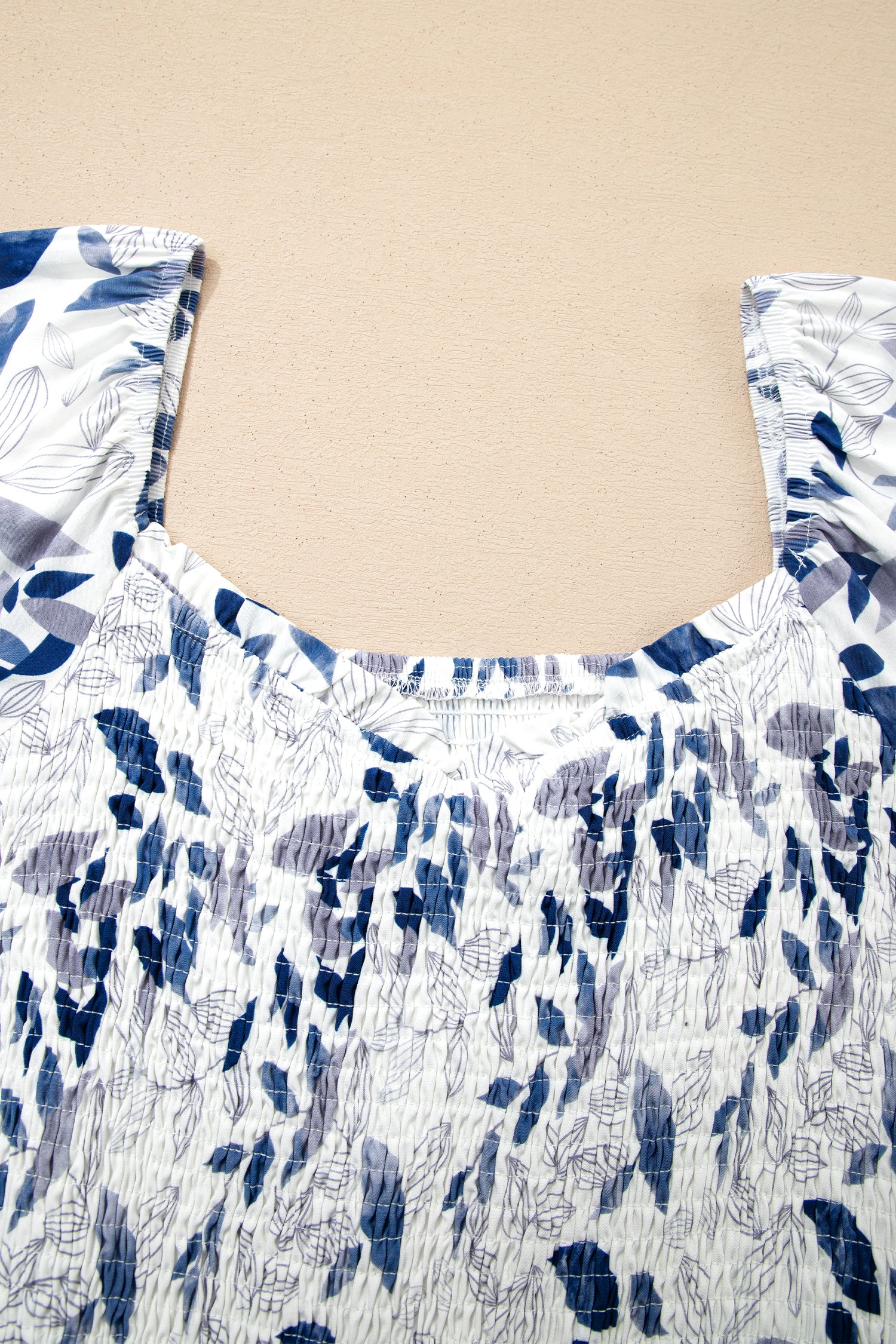 Sky Blue Smocked Bodice Short Puff Sleeve Tiered Floral Midi Dress