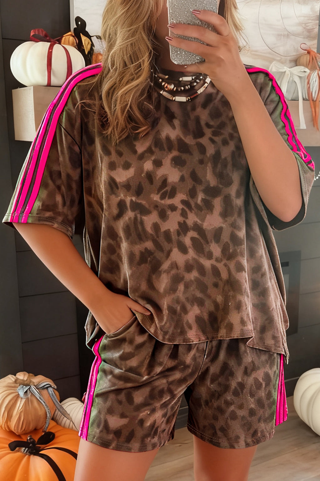 Brown Leopard Loose Tee Drawstring Waist Barrel Pants Set