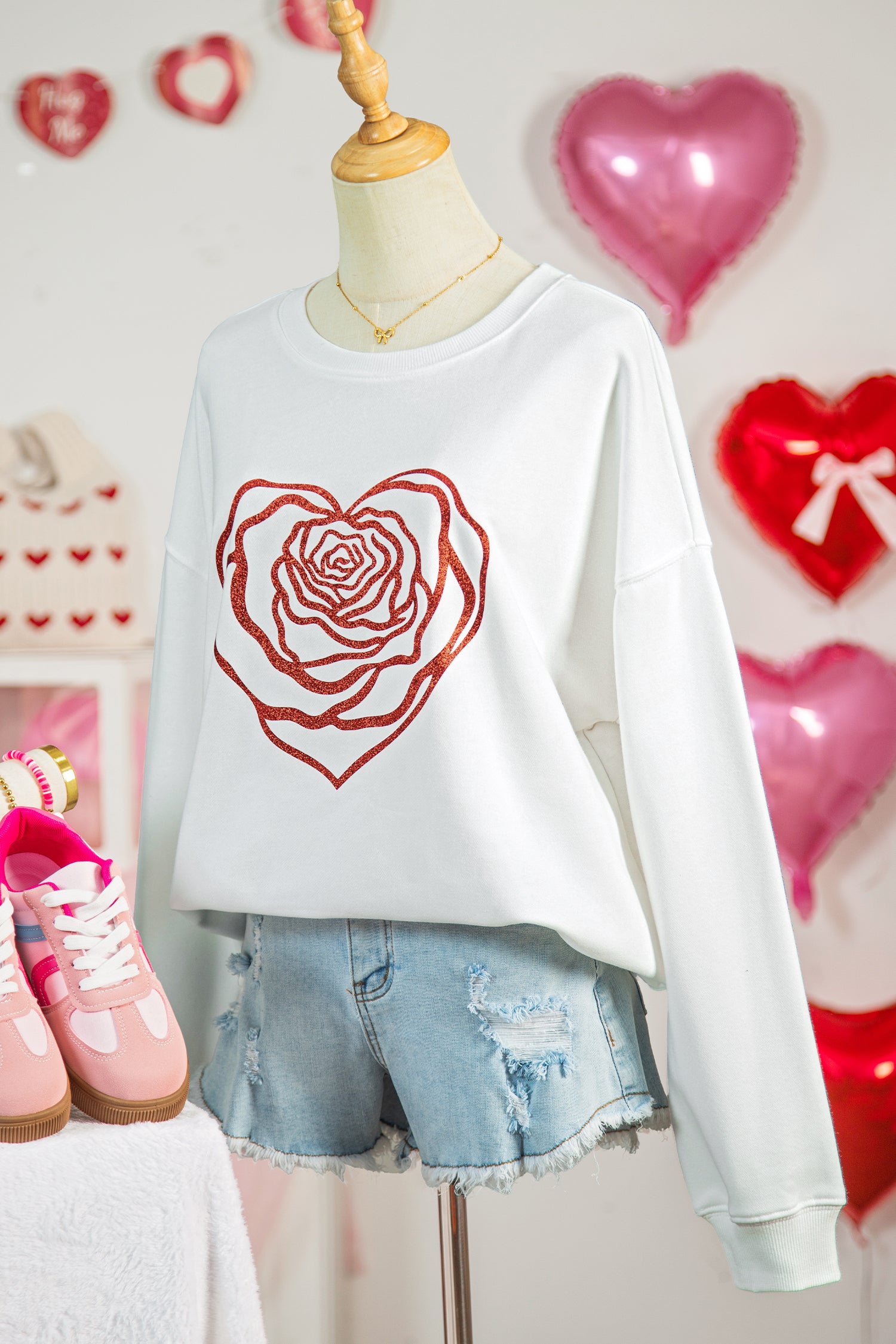 White Love Rose Shimmer Foil Printed Drop Shoulder Sweatshirt