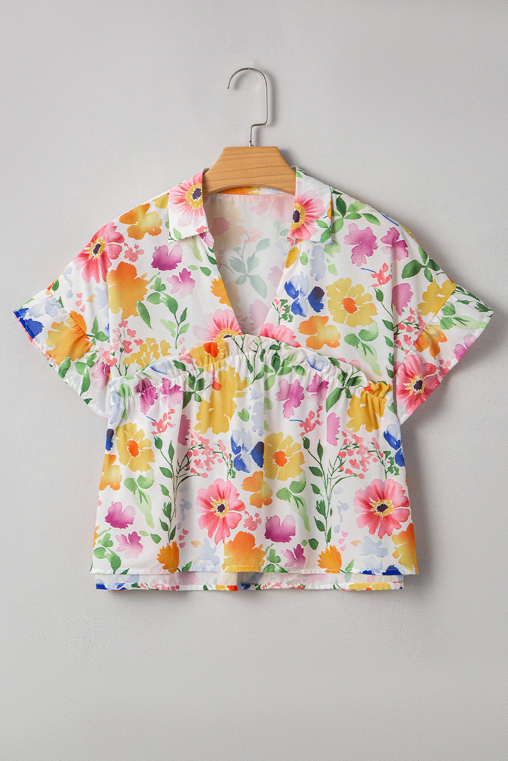 Pink Floral Boxy Fit Ruffled Short Sleeve V Neck Blouse