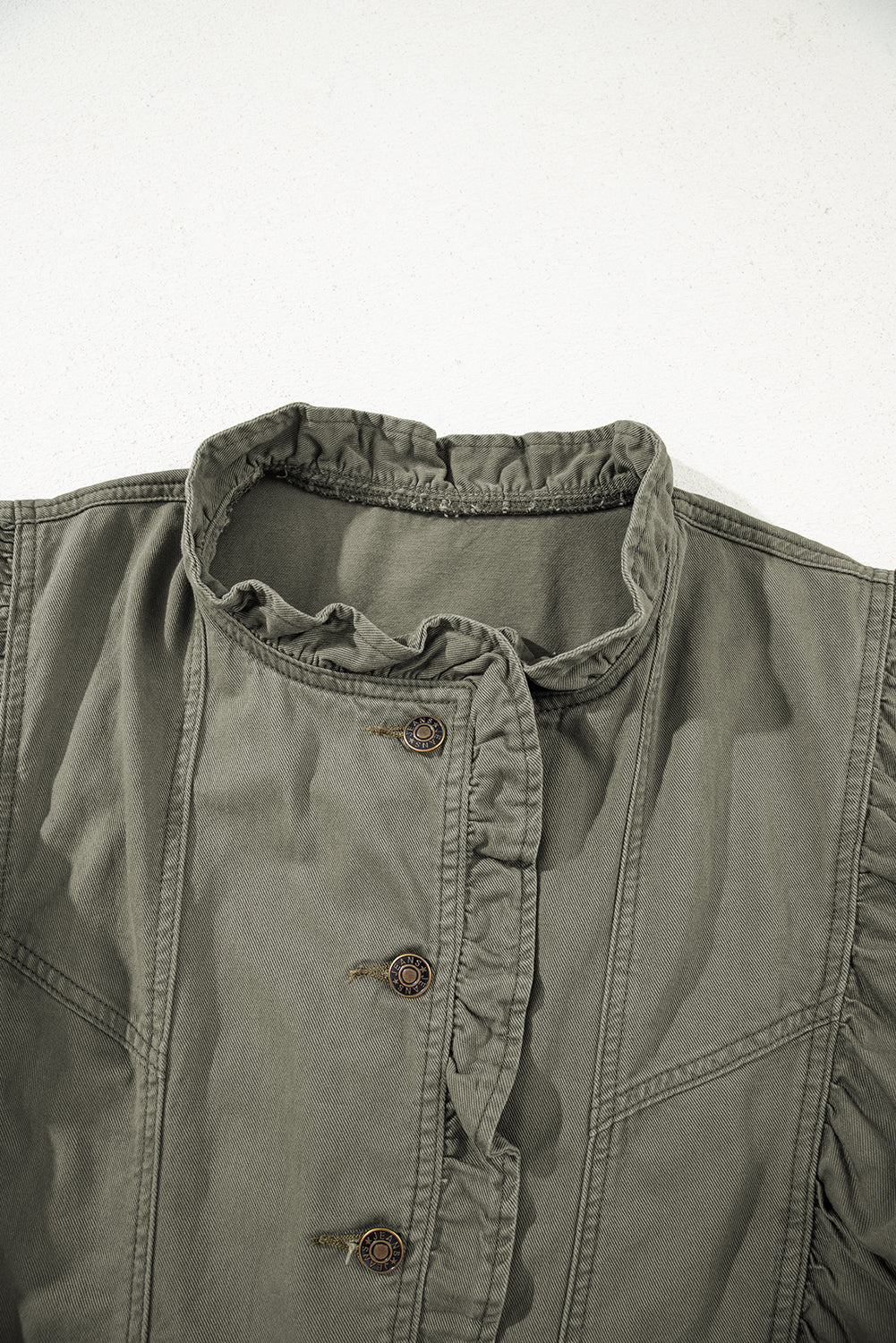 Pale Khaki Ruffled Patchwork Denim Jacket Vest