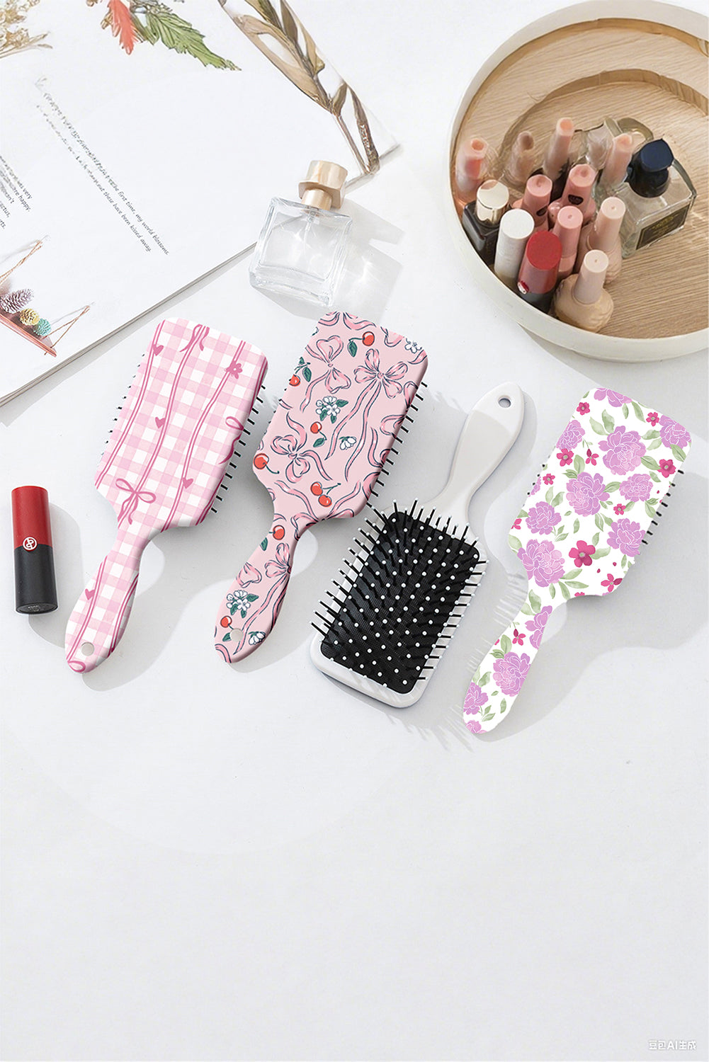 White Peony Flower Print Large Paddle Air Cushion Comb