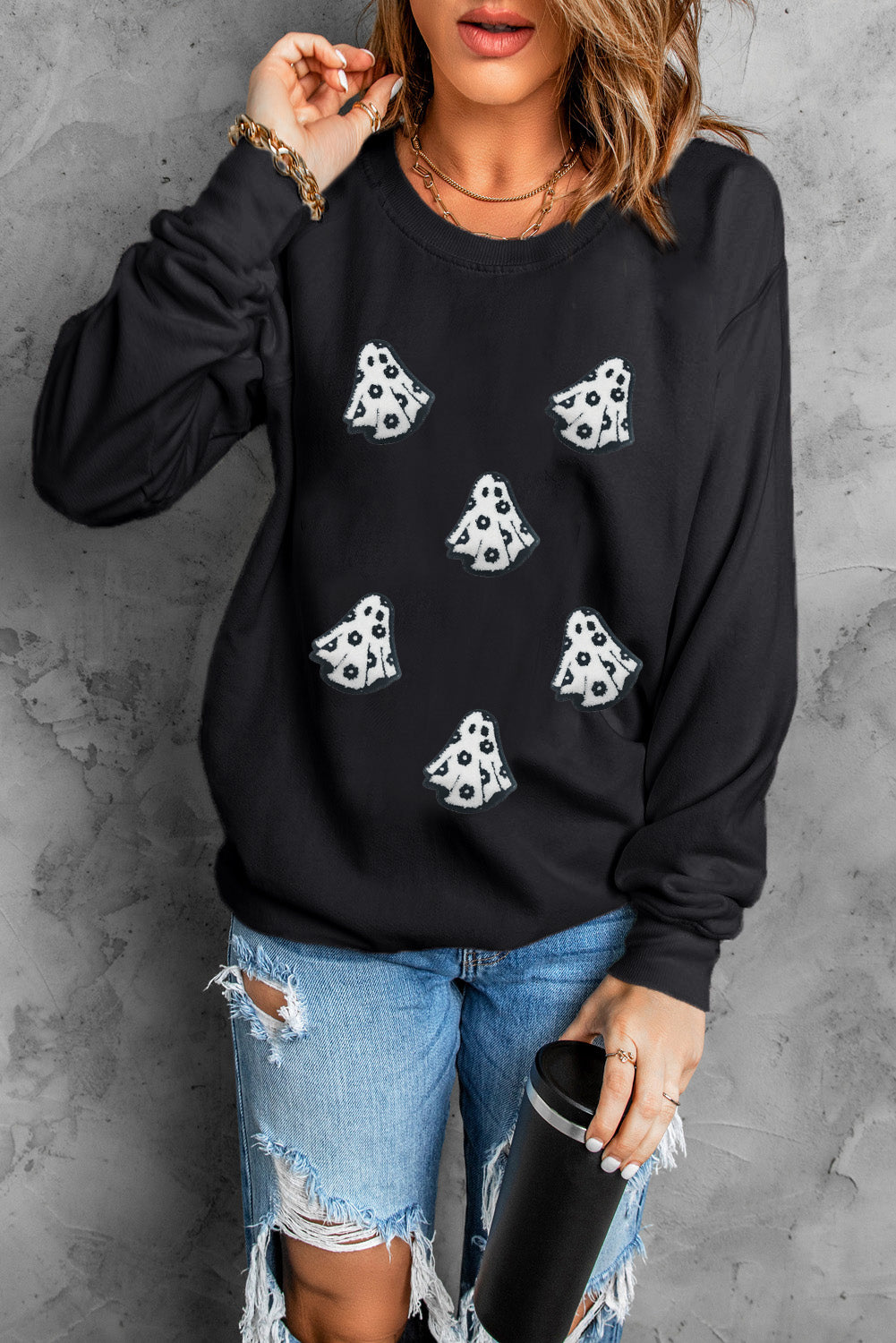 Wisteria Glitter Trim Chenille Ghost Patched Halloween Graphic Tee