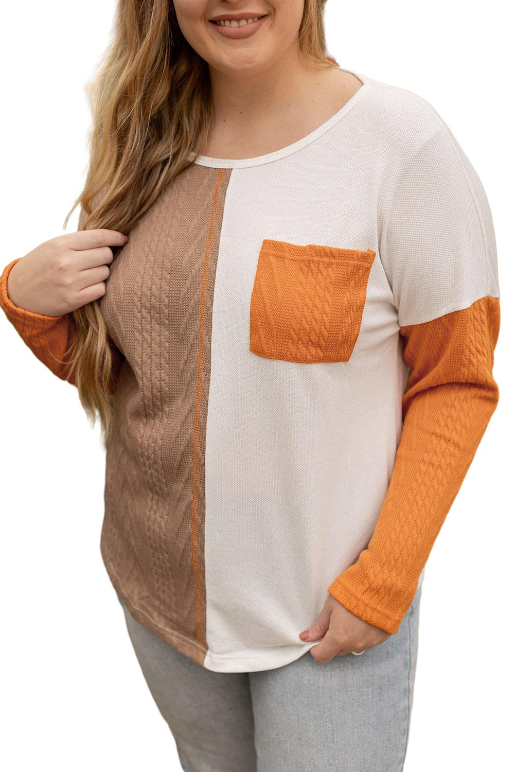 Orange Long Sleeve Colorblock Chest Pocket Textured Knit Top