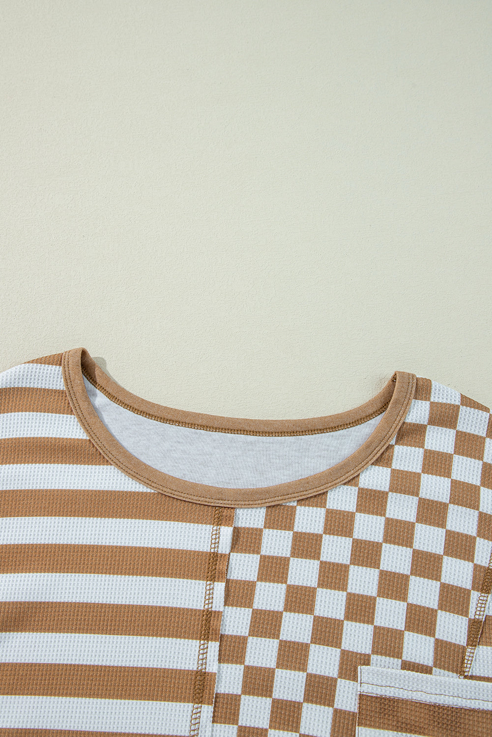 Khaki Checkerboard Striped Patchwork Lantern Sleeve Pocketed Blouse