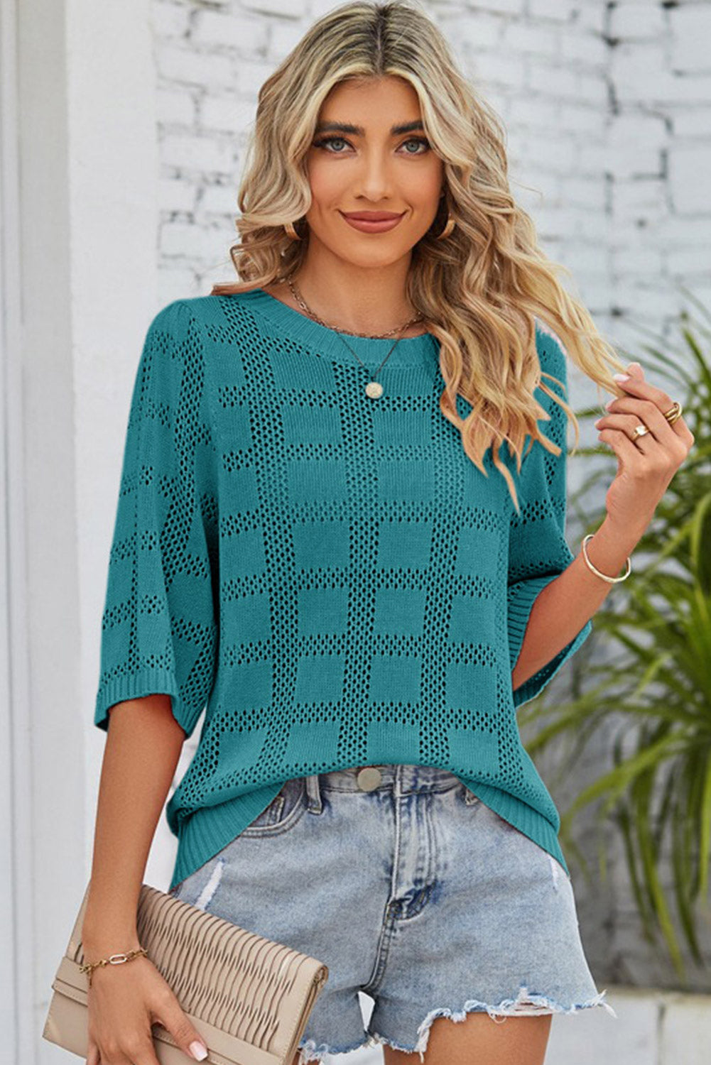 White Plaid Pattern Crochet Knit Short Sleeve Sweater