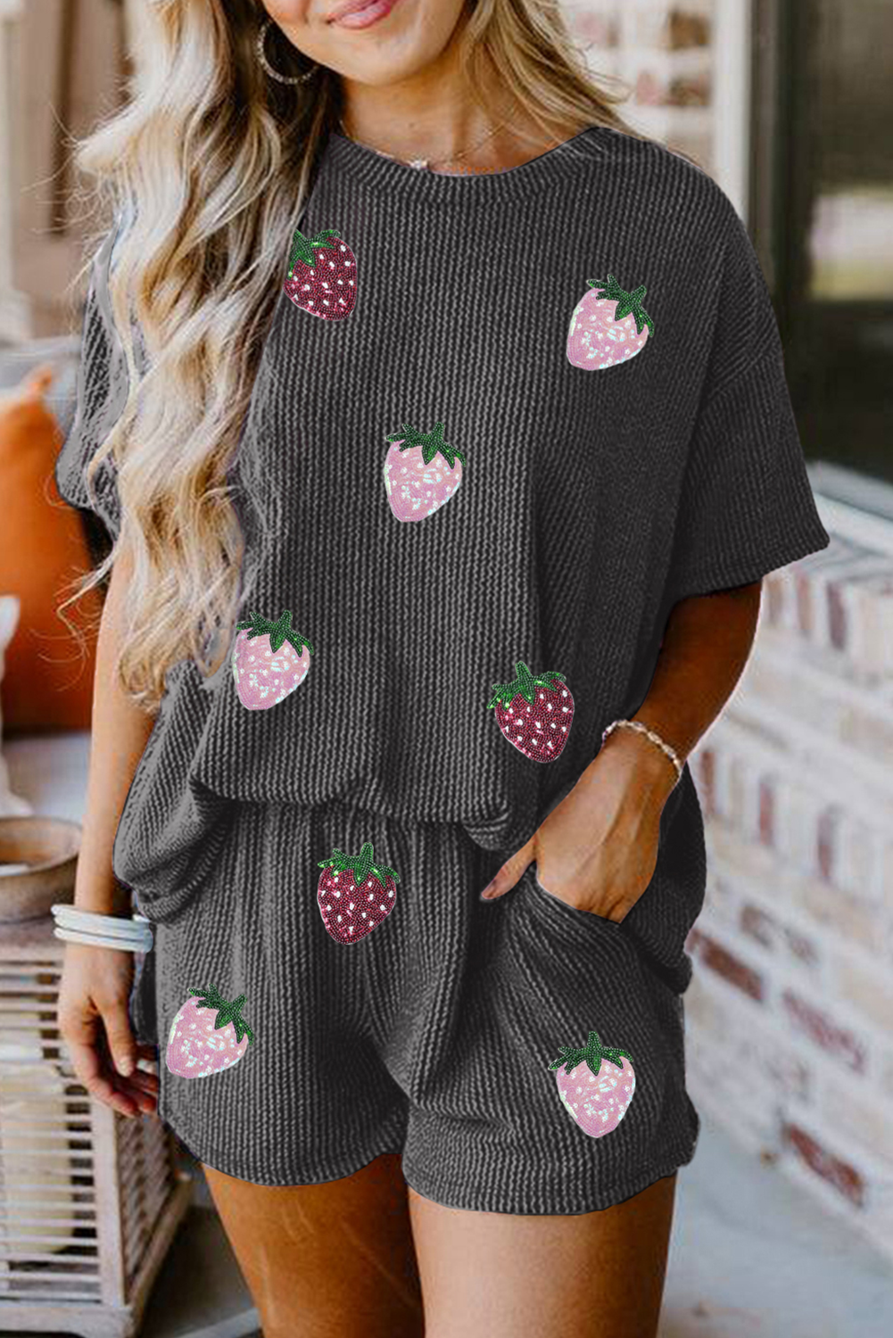 Carbon Grey Sequin Strawberry Patched Twist Ribbed Short 2pcs Outfit