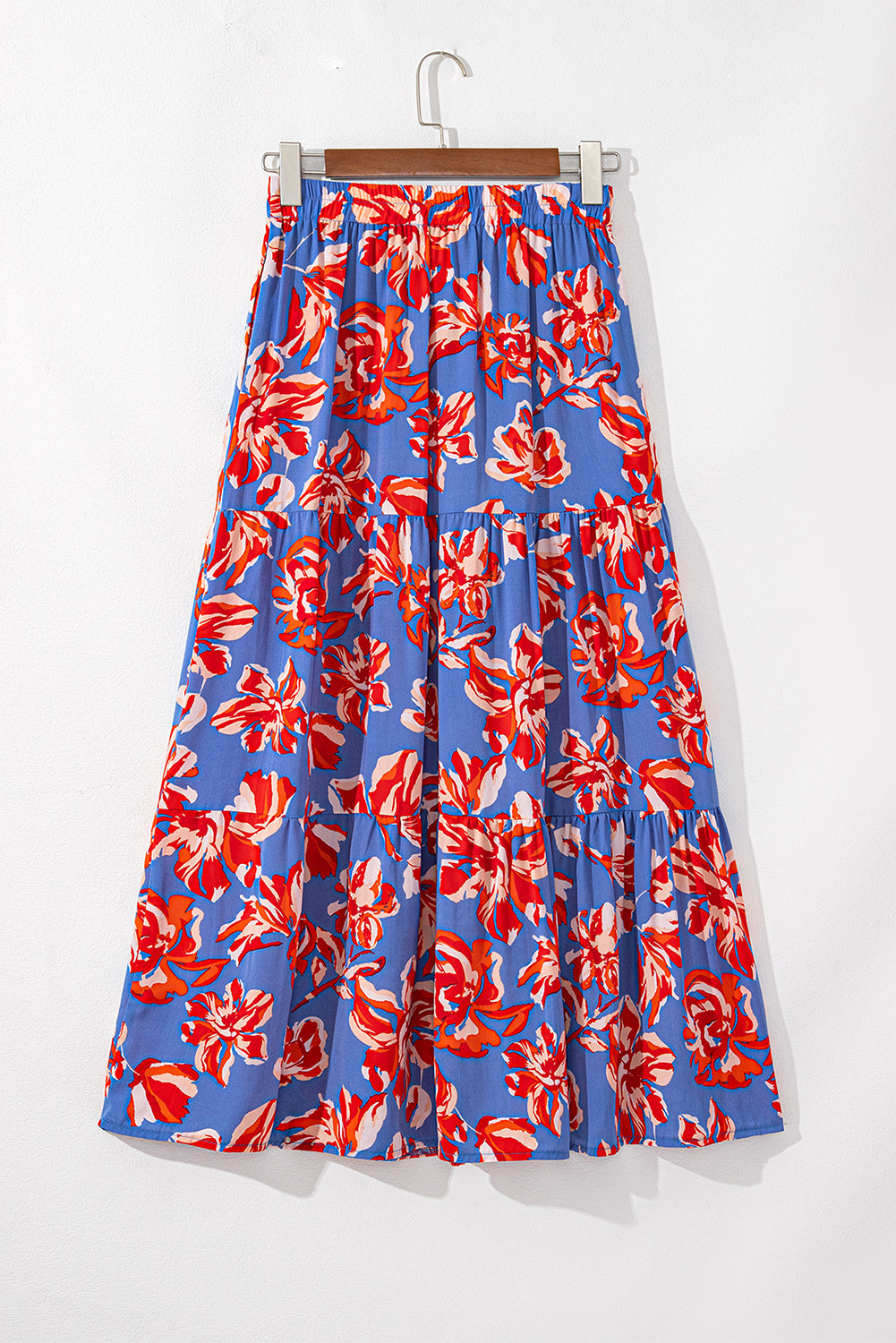 Orange Bohemian Floral Print Tiered Maxi Skirt with Split