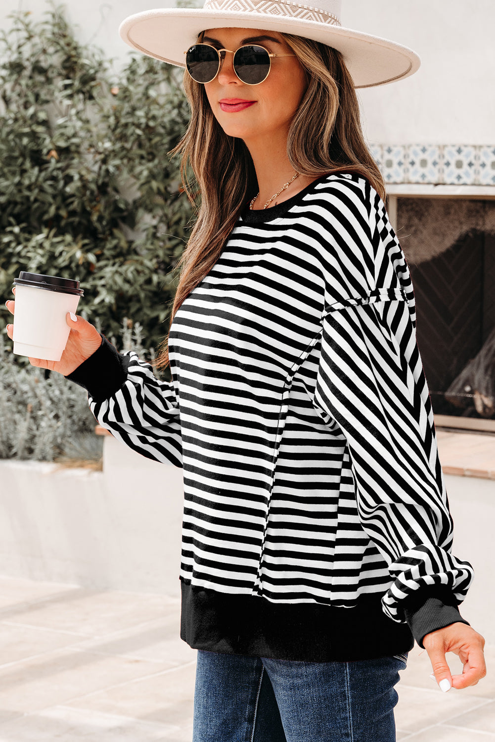Orange Stripe Exposed Seam Drop Shoulder Casual Pullover Top