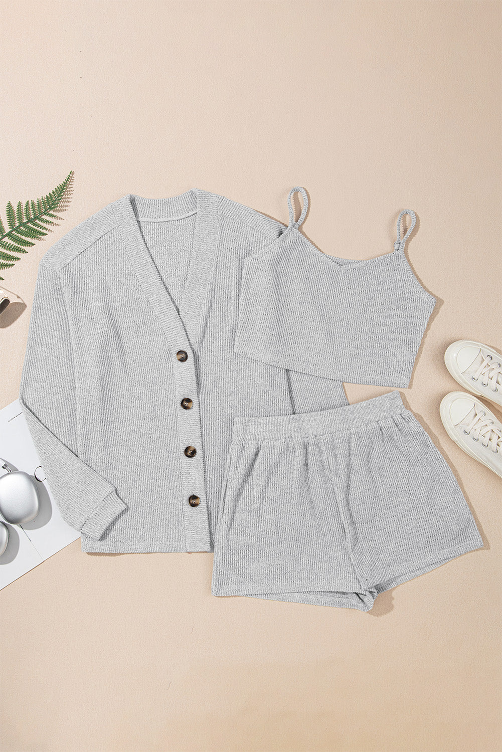 Black 3 Pcs Crop Tank Top Shorts with Cardigan Lounge Set