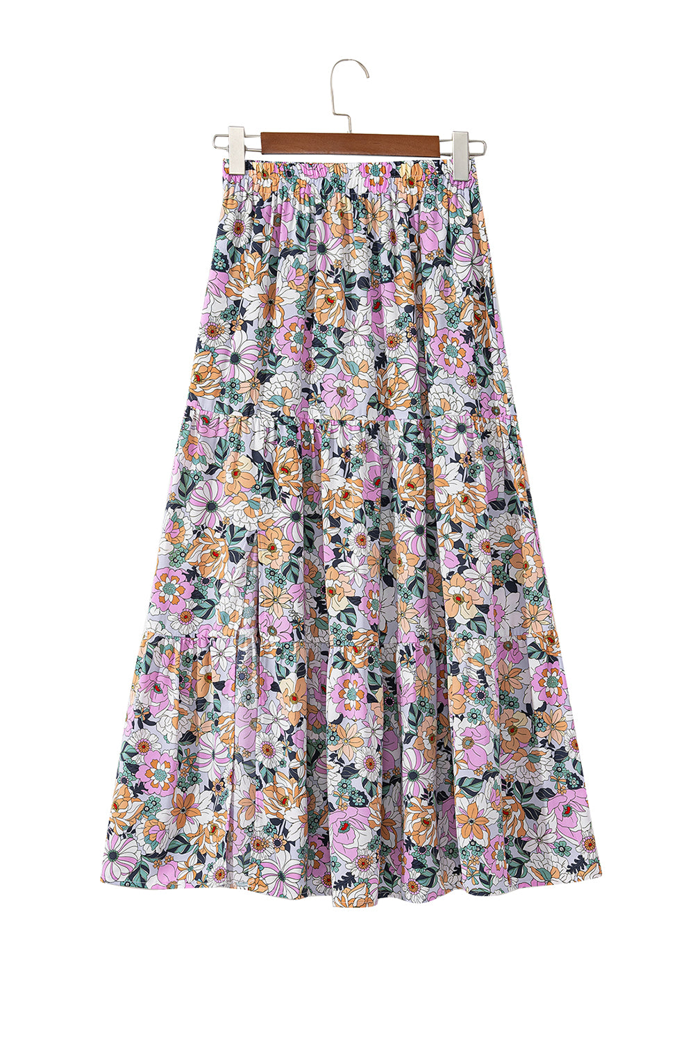 Orange Bohemian Floral Print Tiered Maxi Skirt with Split