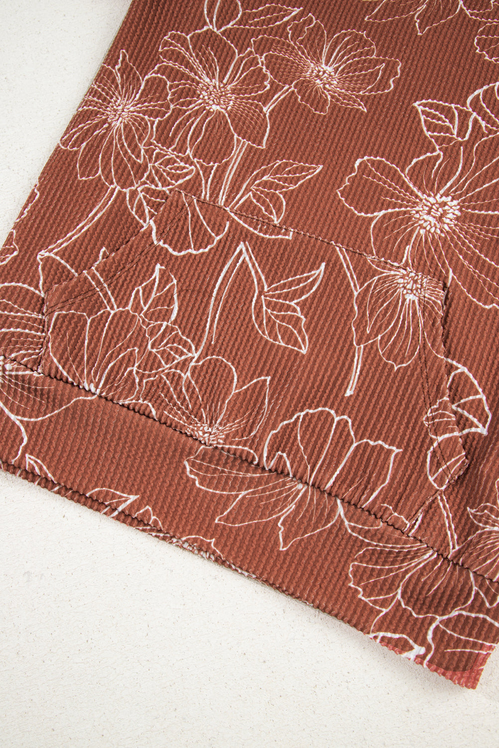 Brown Floral Twisted Rib Drawstring Kangaroo Pocket Hoodie