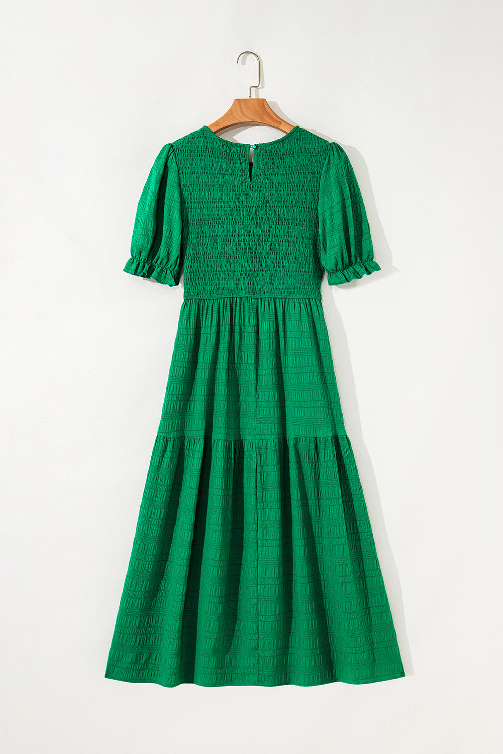 Dark Green Textured Ruffled Sleeve Round Neck Top