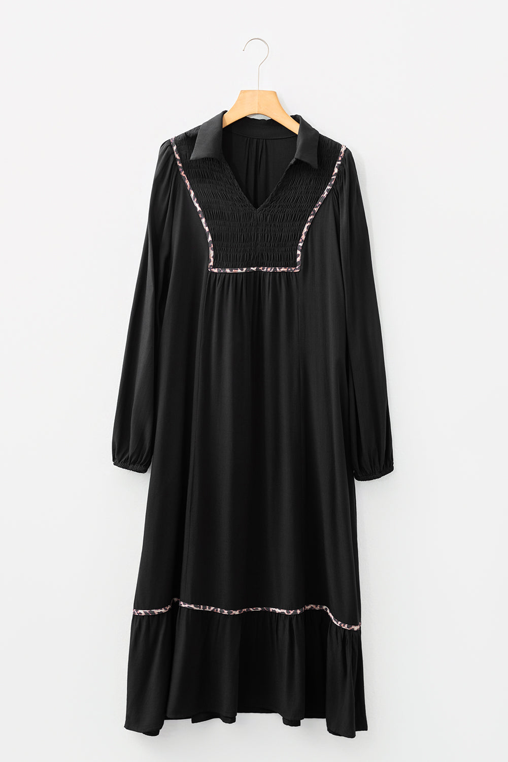 Four Leaf Clover Collared V Neck Smocked Detail Contrast Leopard Trim Bracelet Sleeve Long Dress