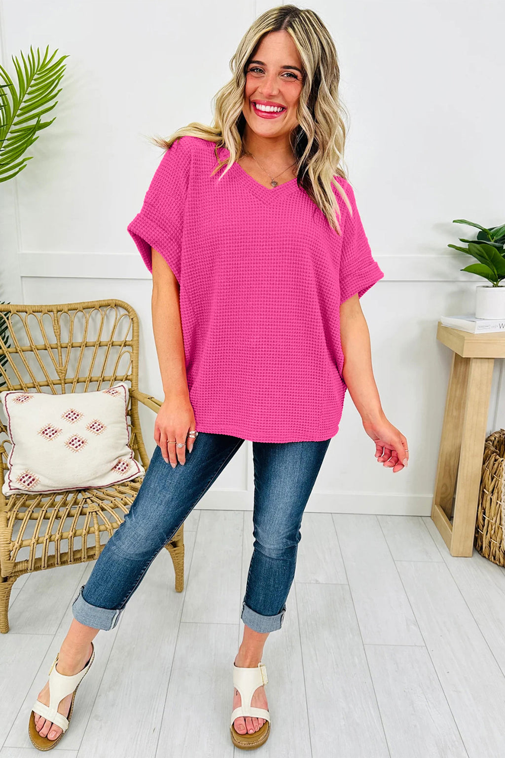 Wisteria Waffle V Neck Short Sleeve Knit Top
