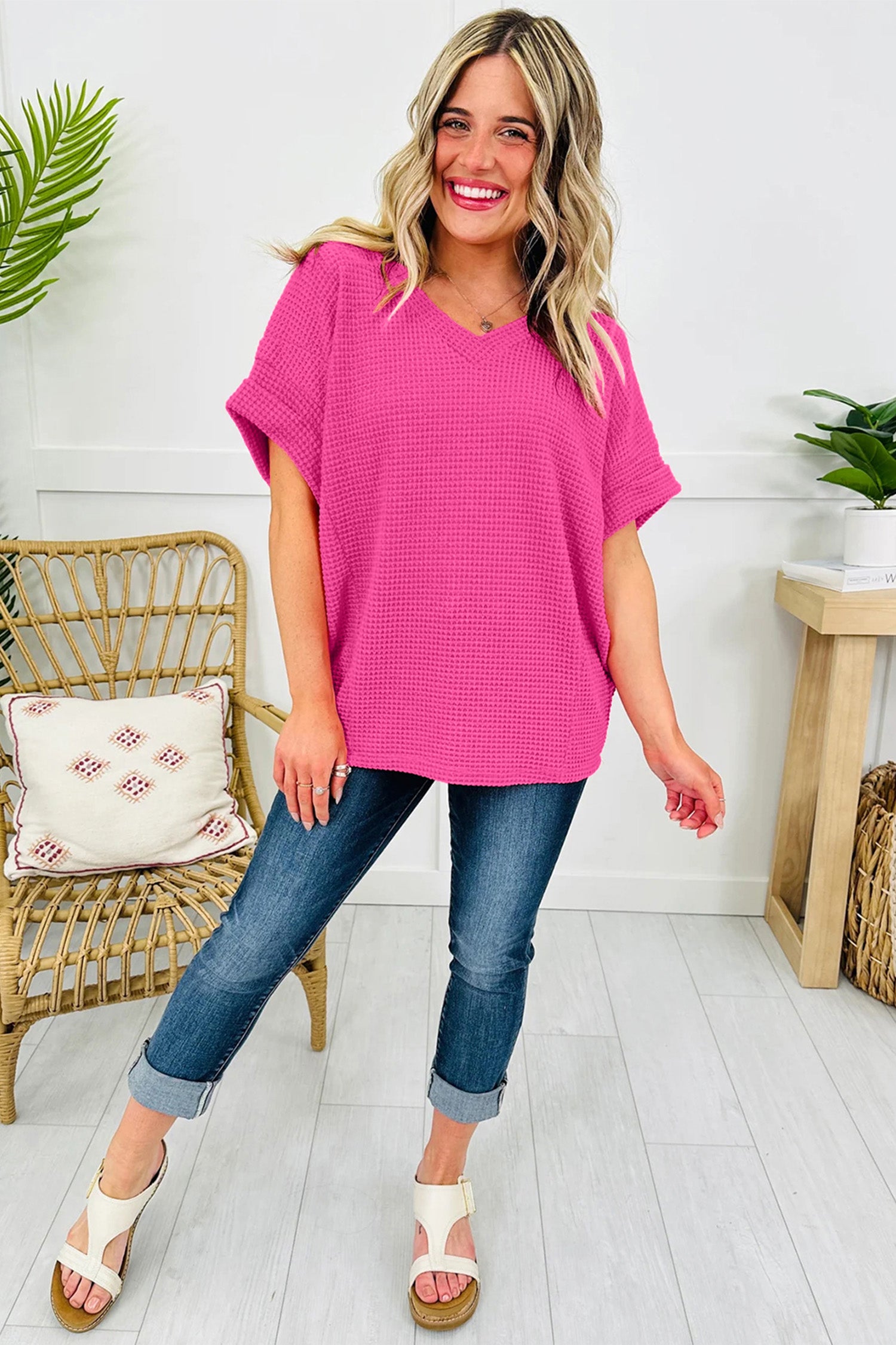 Wisteria Waffle V Neck Short Sleeve Knit Top
