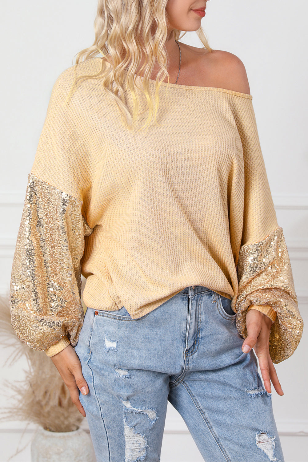 Black Sequin Patchwork Sleeve Open Back Waffle Knit Top