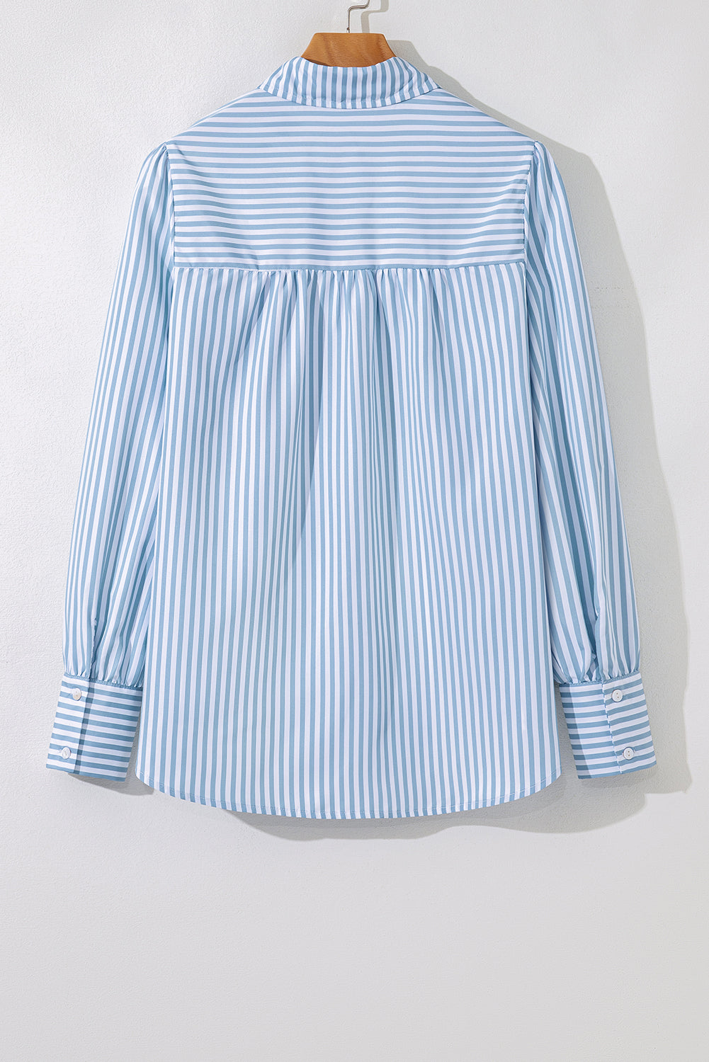Sky Blue Stripe Shirred Detail Half Placket Collared Long Sleeve Fall Shirt