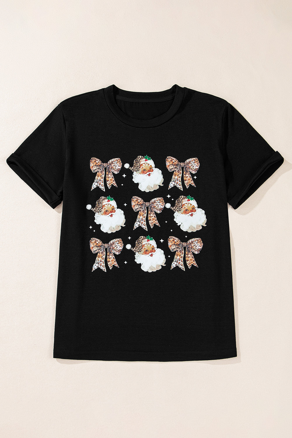Black Santa Claus Leopard Bow Print Crew Neck Casual T Shirt