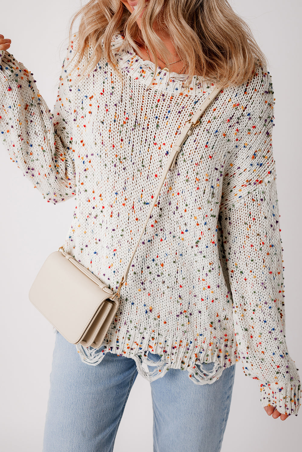 White Confetti Rib Knit Long Sleeve Cardigan