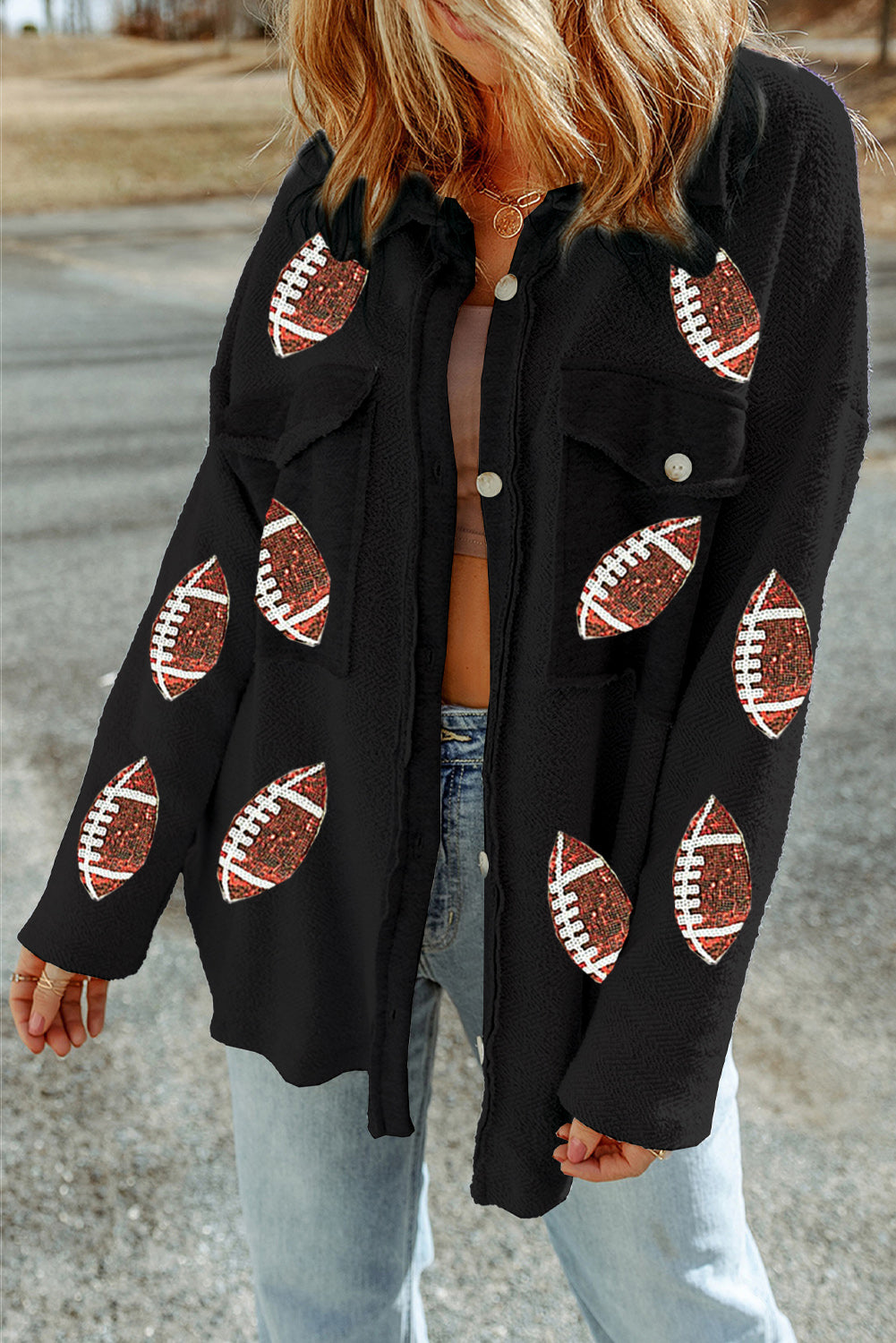 Black Contrast Flap Pockets Relaxed Shacket