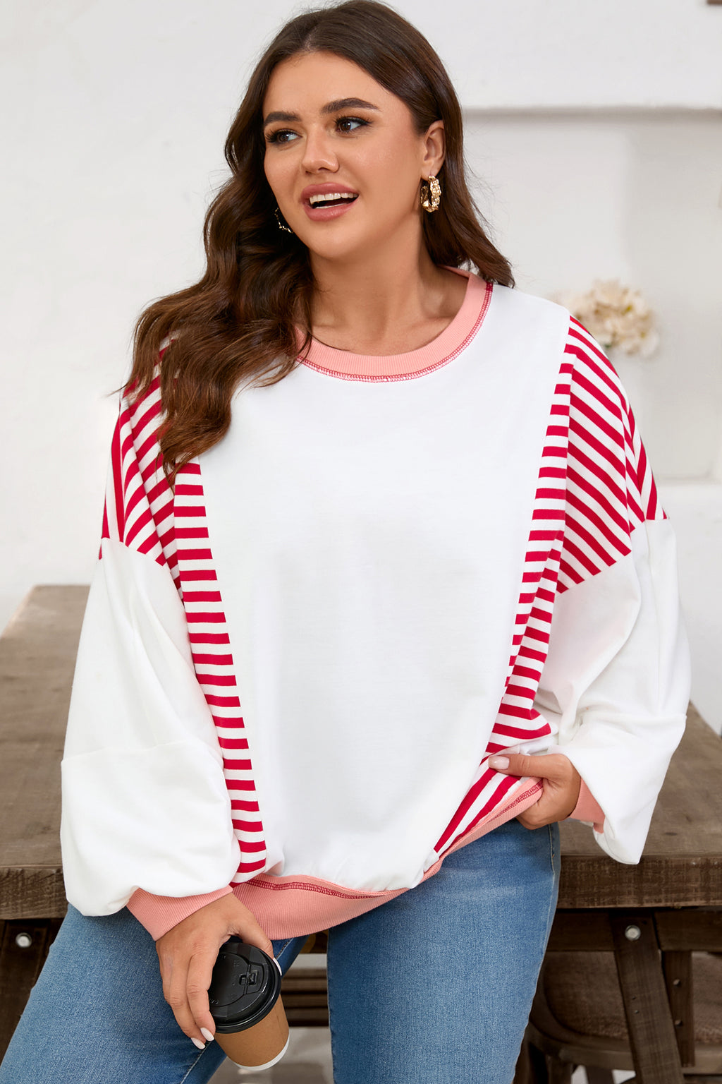 Red Stripe Colorblock Patchwork Contrast Stitching Oversize Sweatshirt