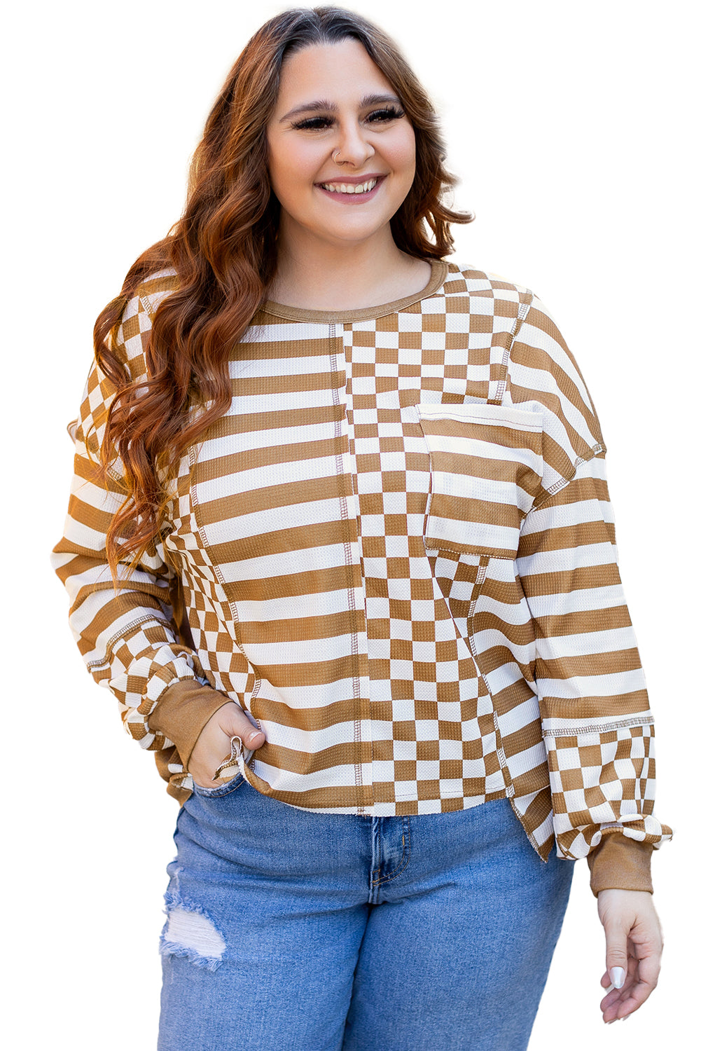 Khaki Checkerboard Striped Patchwork Lantern Sleeve Pocketed Blouse