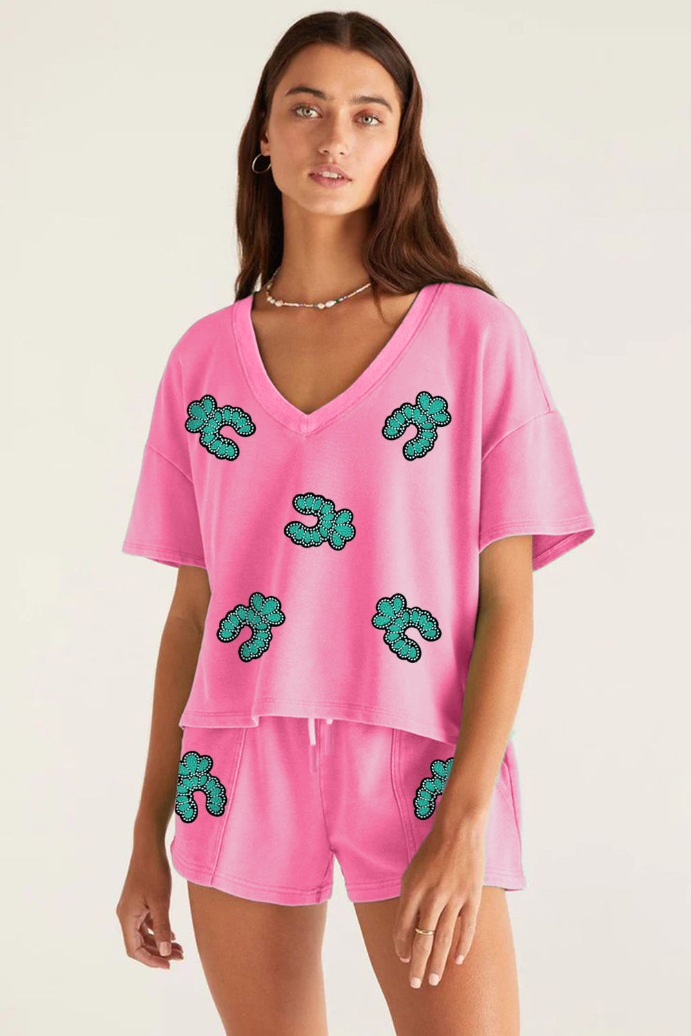 Bonbon Sequin Turquoise Patched V Neck Tee Drawstring Shorts 2pcs Outfit