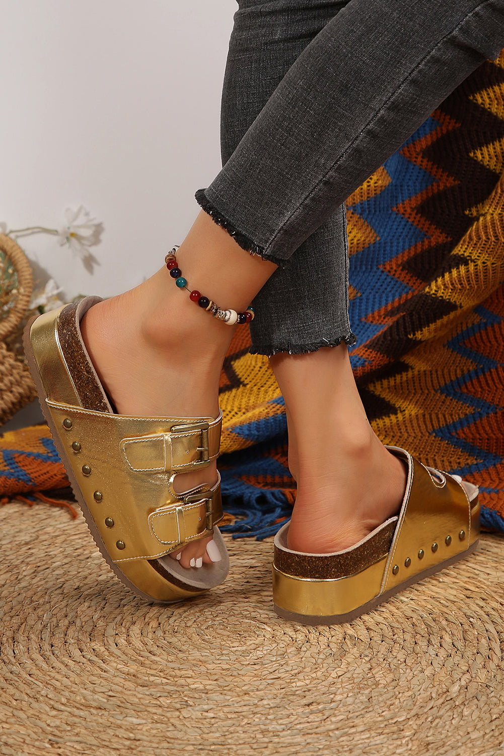 Chestnut Suede Buckle Decor Footbed Sandal Slippers