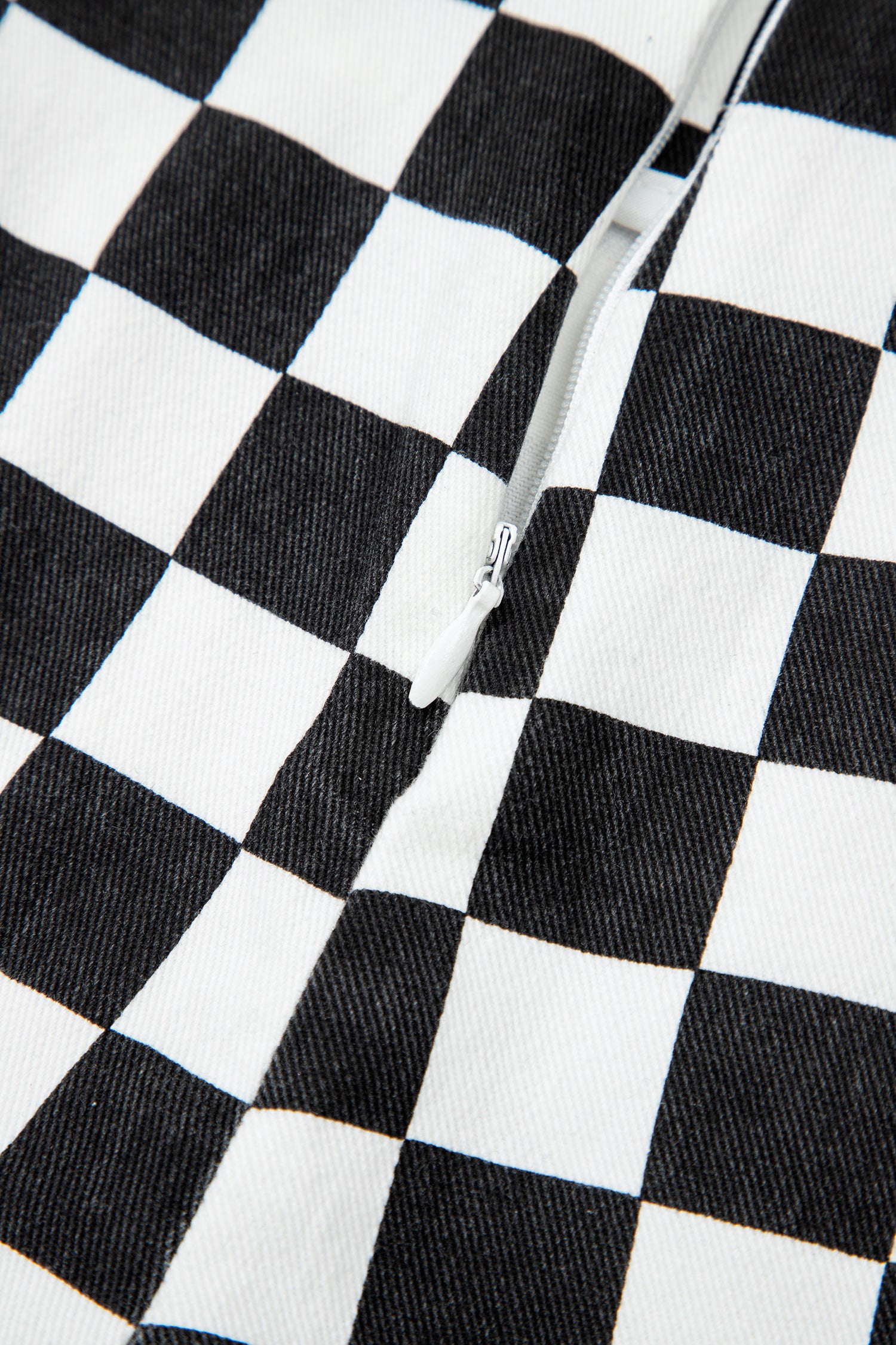 Black Checkered Print Overlap Denim Shorts