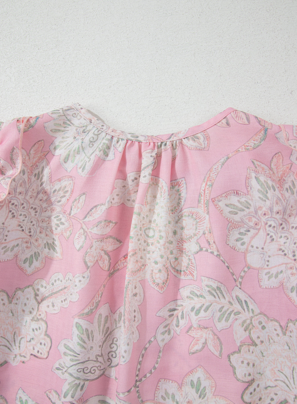 Pink Floral Print Drawstring V Neck Puff Sleeve Loose Blouse