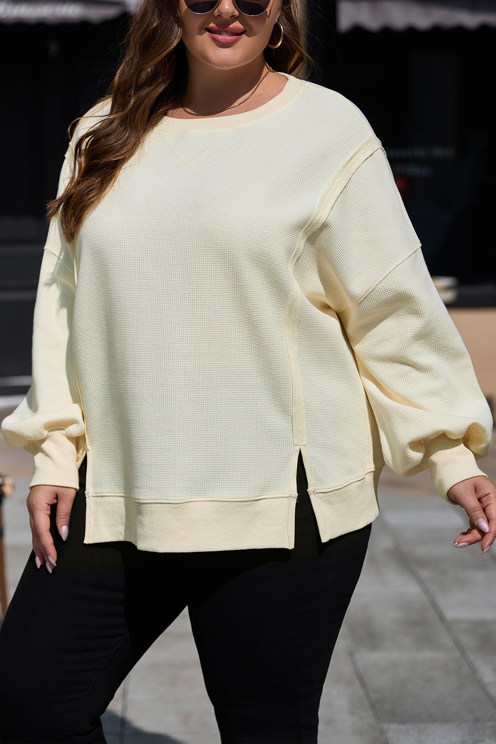 White Waffle knit Bishop Sleeve Split Oversized Top