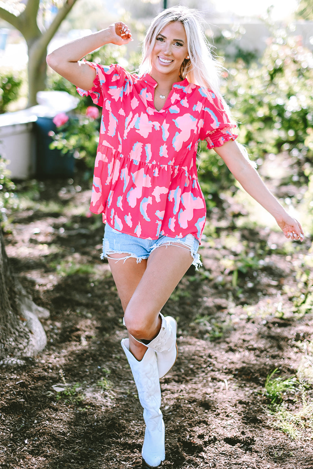 Pink Abstract Printed Puff Short Sleeve Tiered Loose Dress