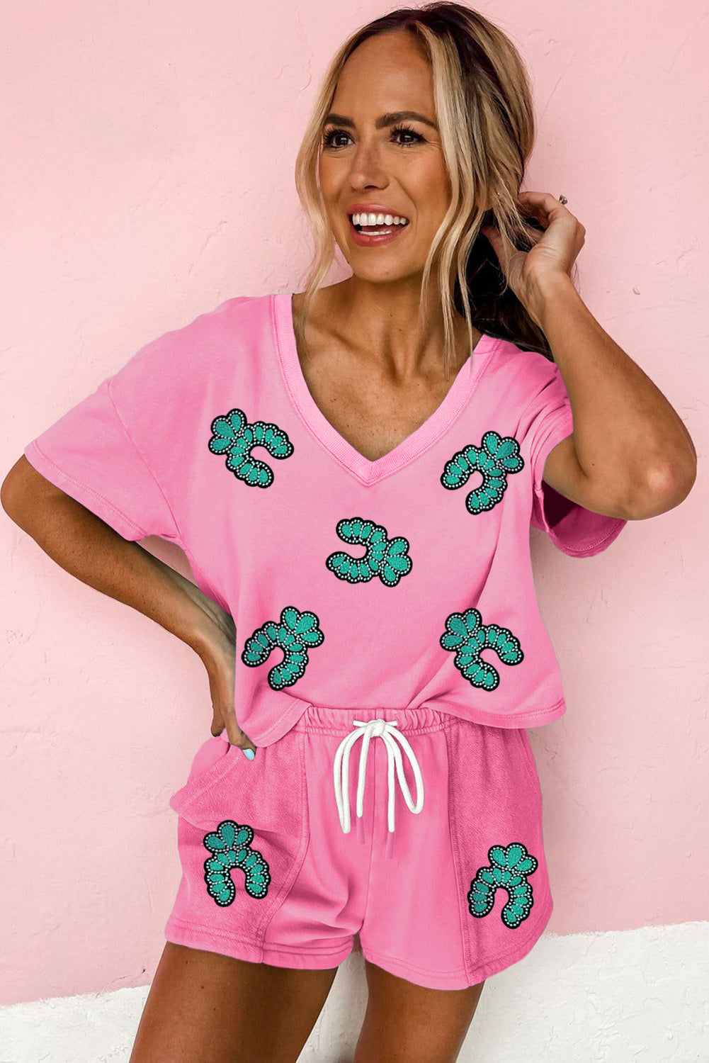 Bonbon Sequin Turquoise Patched V Neck Tee Drawstring Shorts 2pcs Outfit