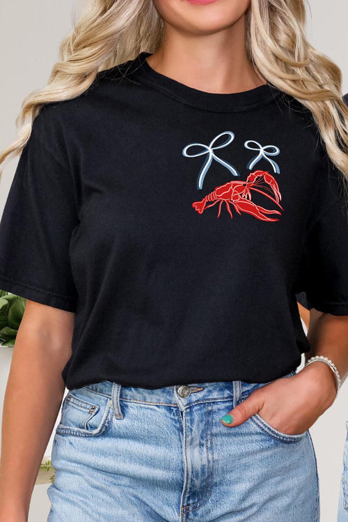Black Girlie Bow Crawfish Printed T Shirt