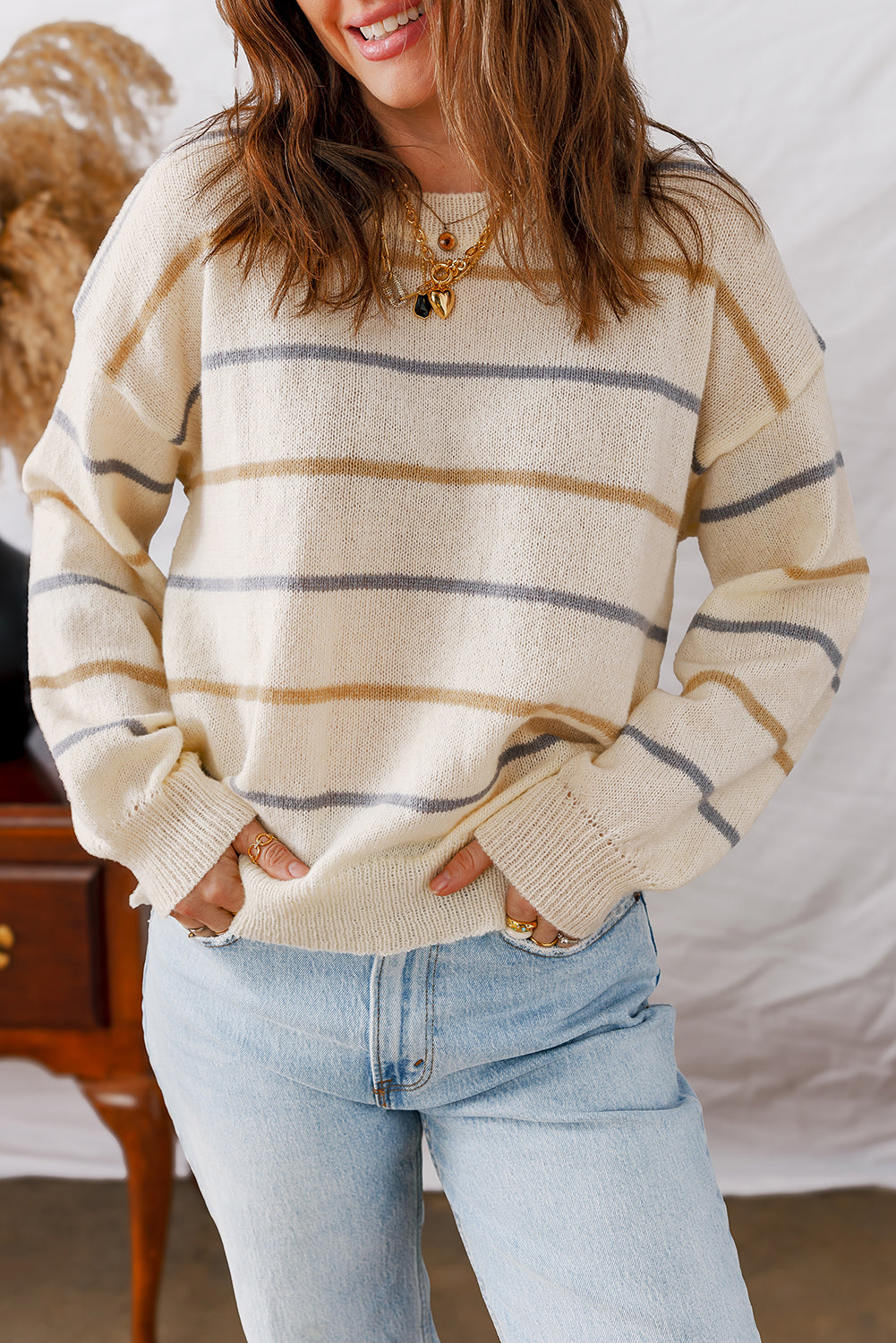 Multicolour Striped Buttoned Front V Neck Drop Shoulder Cardigan Sweater
