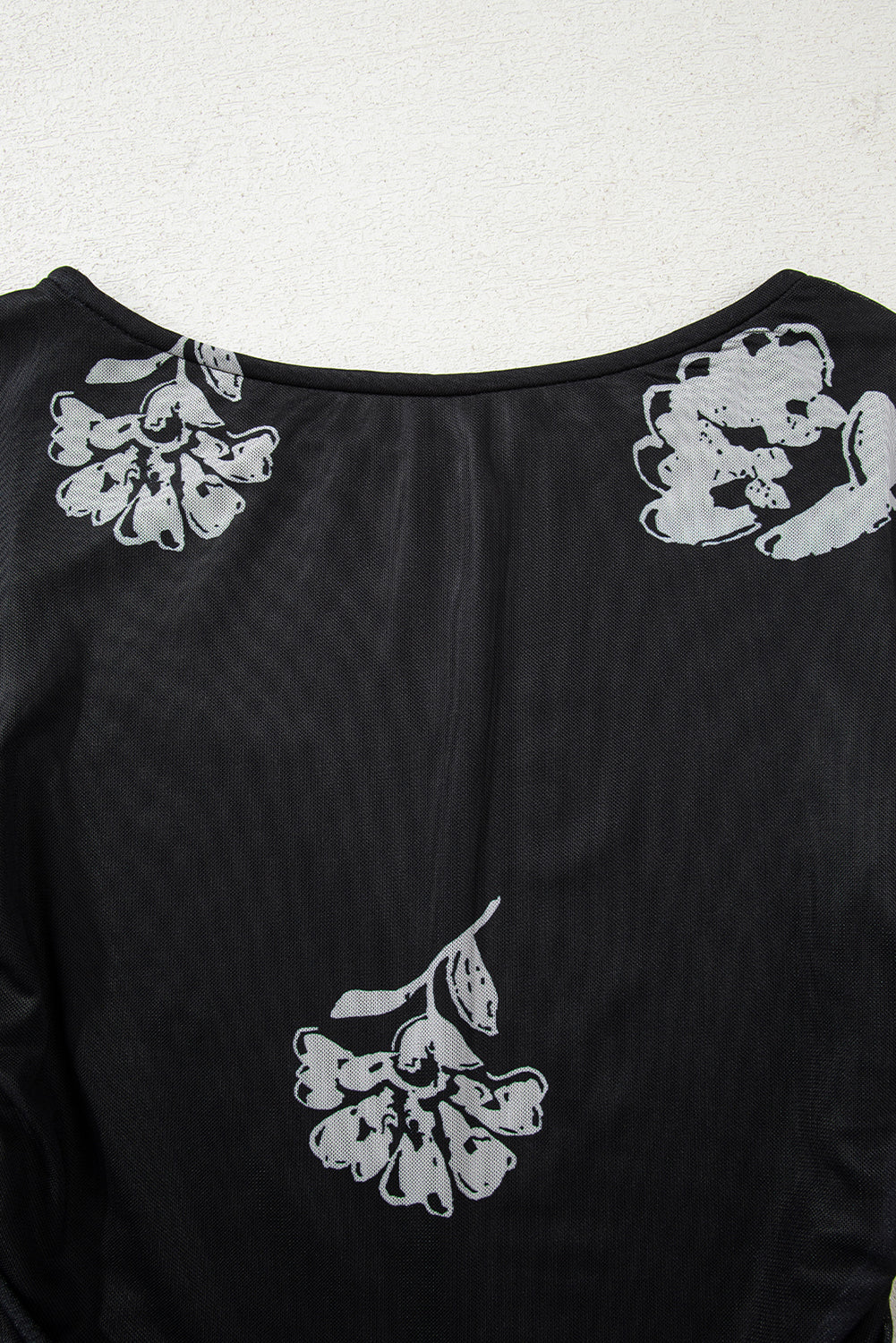 Black Floral Print Sleek Bodice Mesh Long Sleeve Top